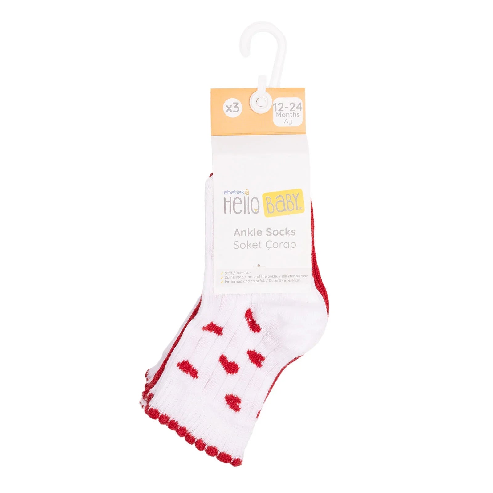 HelloBaby Ankle Socks 3 pcs - Red - mezetto ebebek ebebek