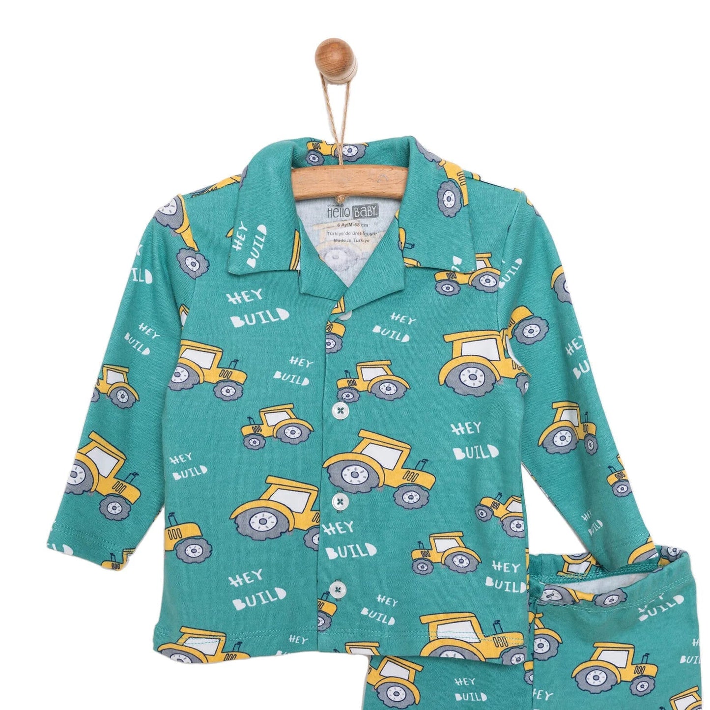 HelloBaby Baby Boy Tractor Patterned Collar Pyjamas 2 pcs - Green - mezetto ebebek ebebek