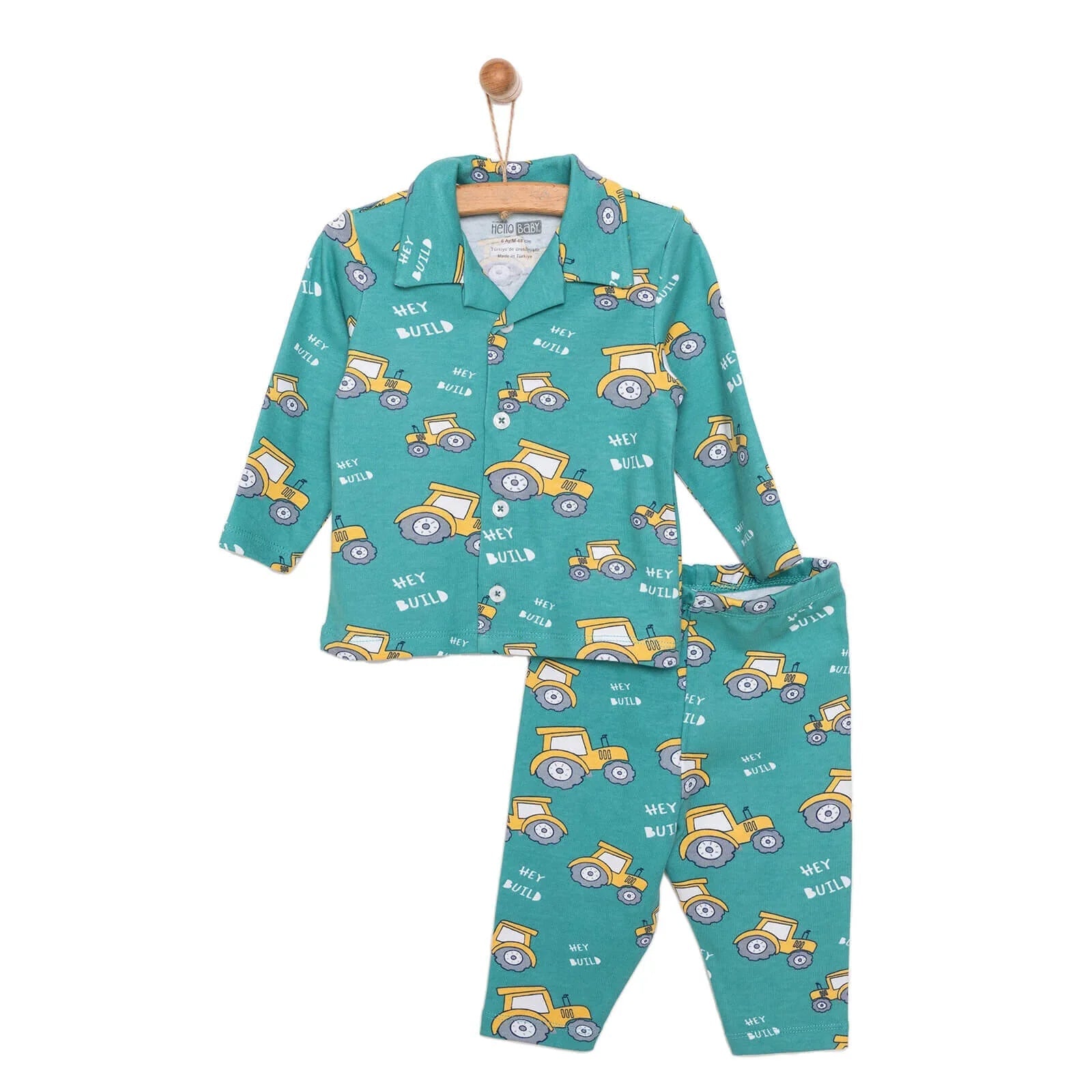 HelloBaby Baby Boy Tractor Patterned Collar Pyjamas 2 pcs - Green - mezetto ebebek ebebek