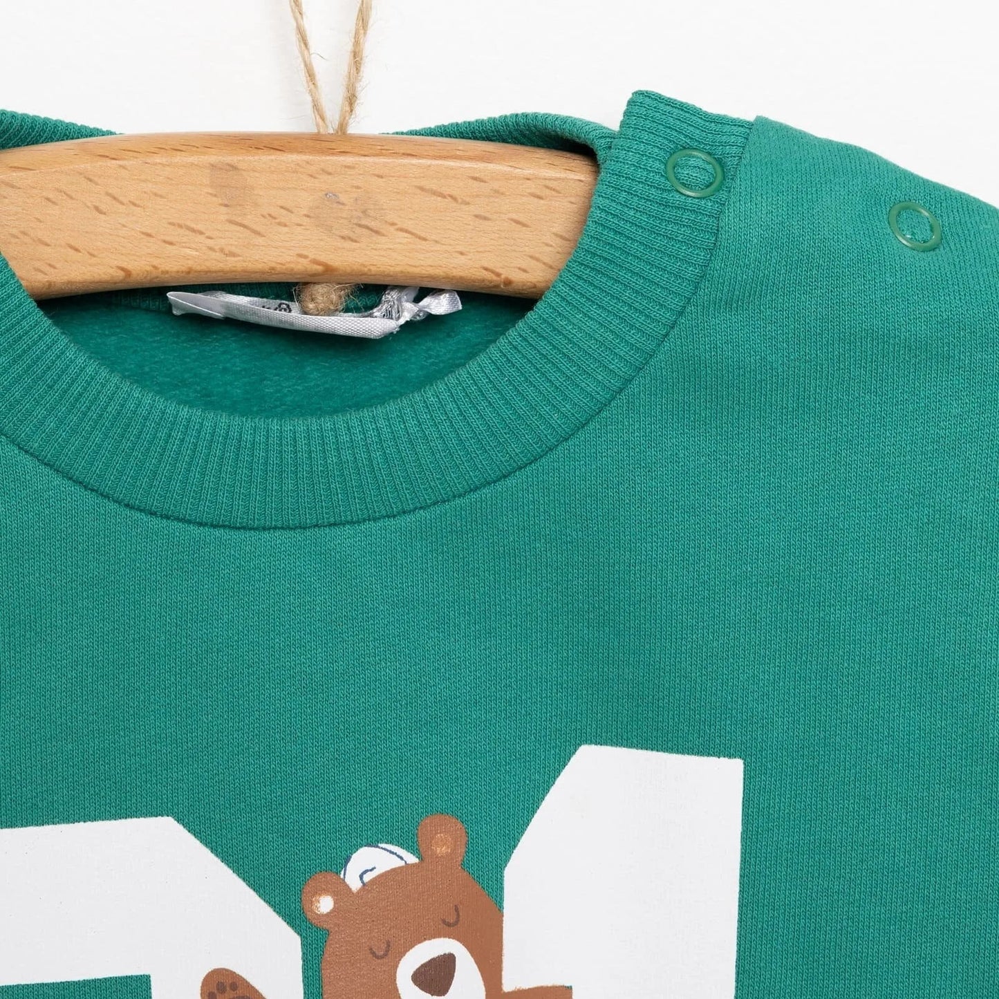HelloBaby Basic Boy Low Raised Bear Printed Sweatshirt - Dark Green - mezetto ebebek ebebek