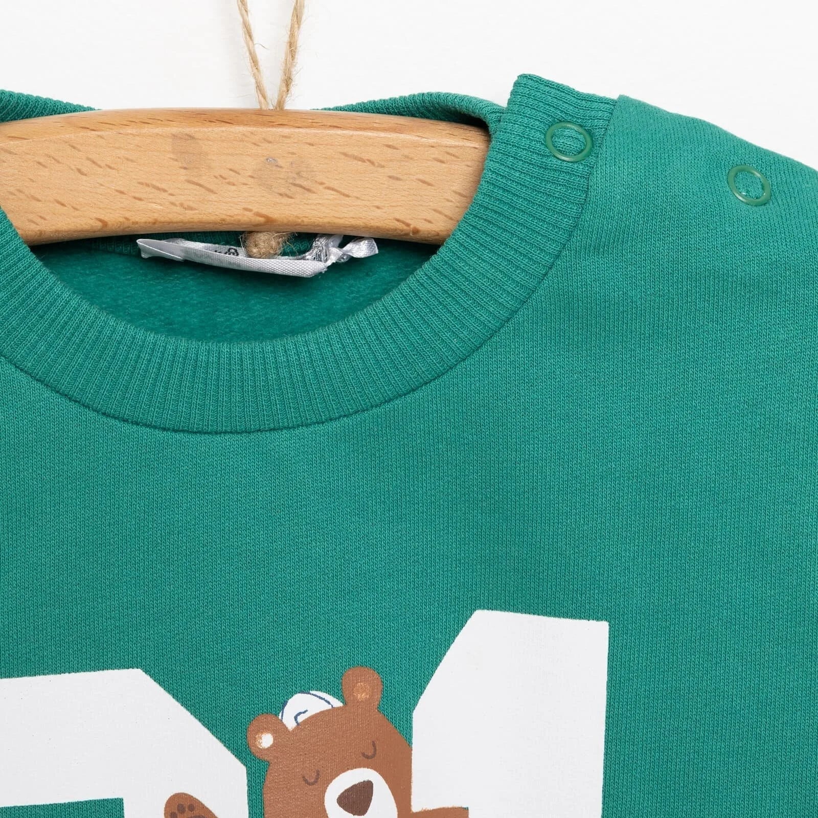 HelloBaby Basic Boy Low Raised Bear Printed Sweatshirt - Dark Green - mezetto ebebek ebebek