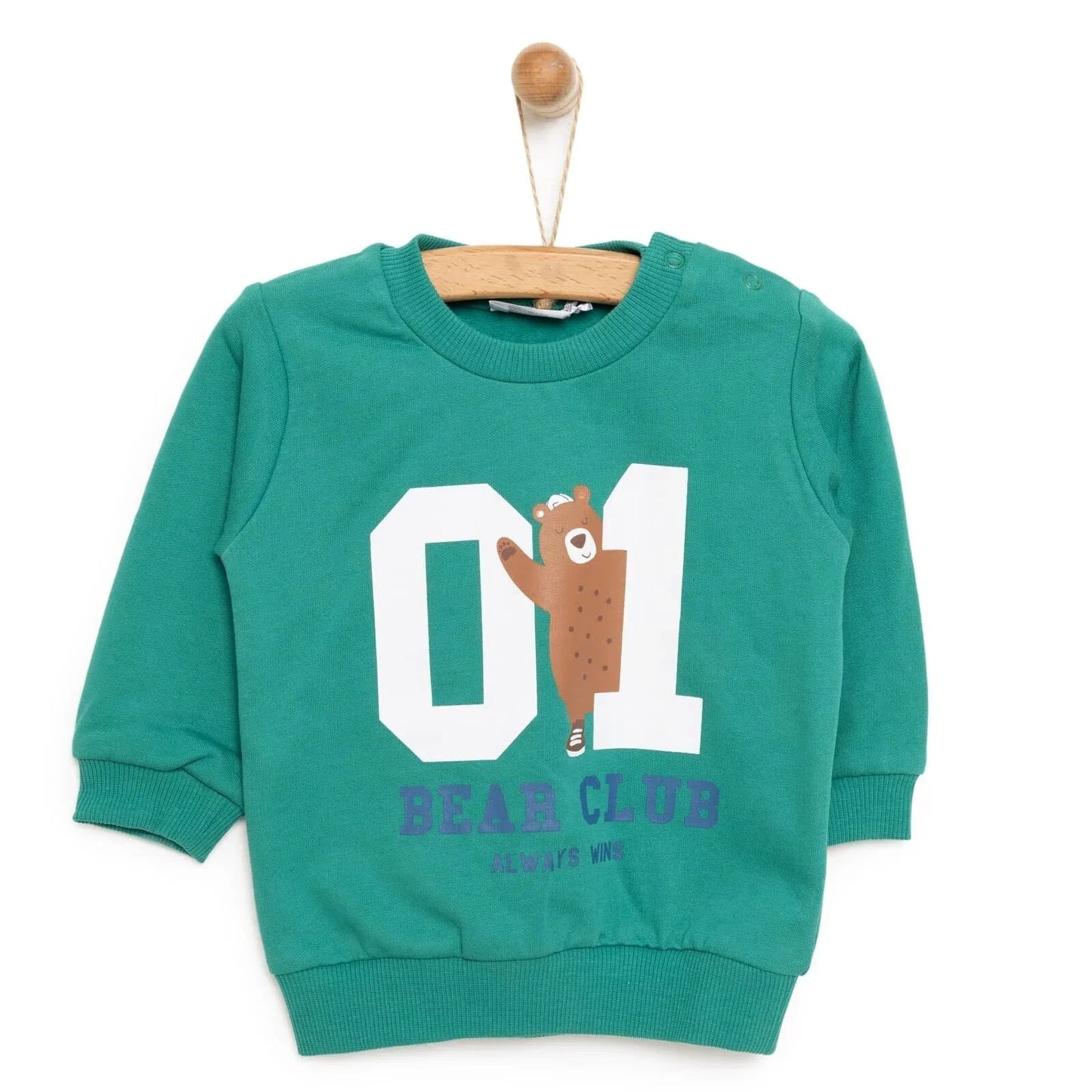 HelloBaby Basic Boy Low Raised Bear Printed Sweatshirt - Dark Green - mezetto ebebek ebebek