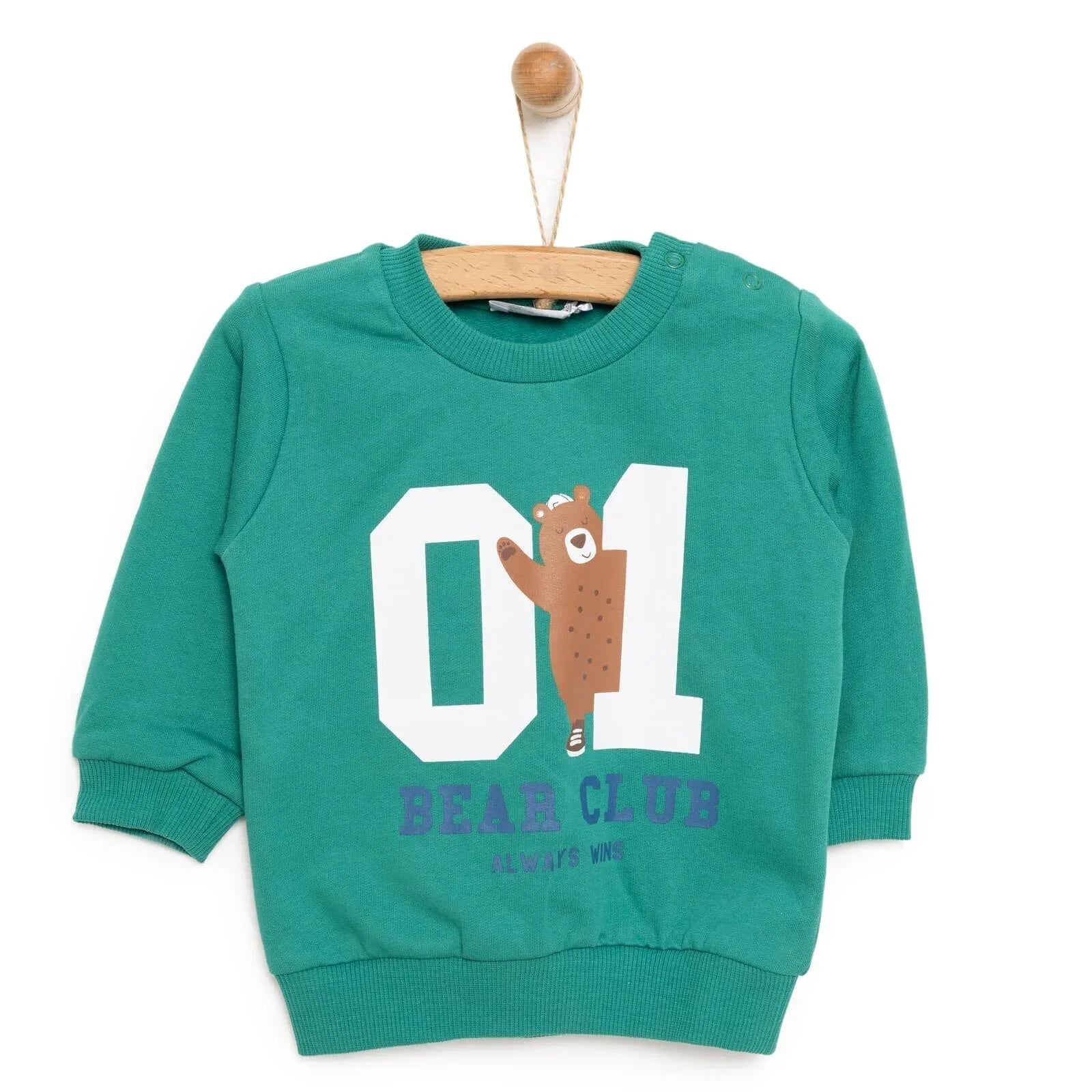 HelloBaby Basic Boy Low Raised Bear Printed Sweatshirt - Dark Green - mezetto ebebek ebebek