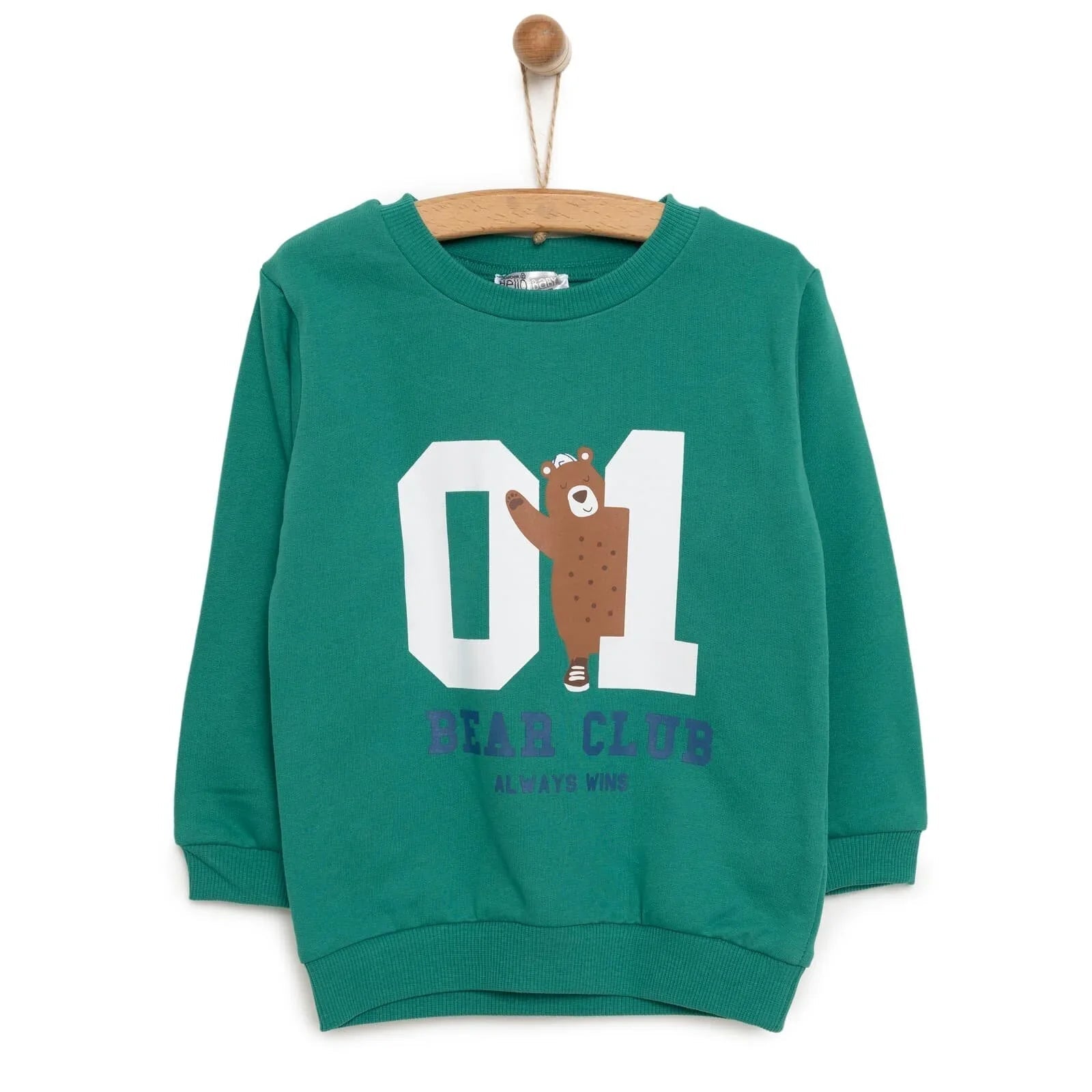 HelloBaby Basic Boy Low Raised Bear Printed Sweatshirt - Dark Green - mezetto ebebek ebebek