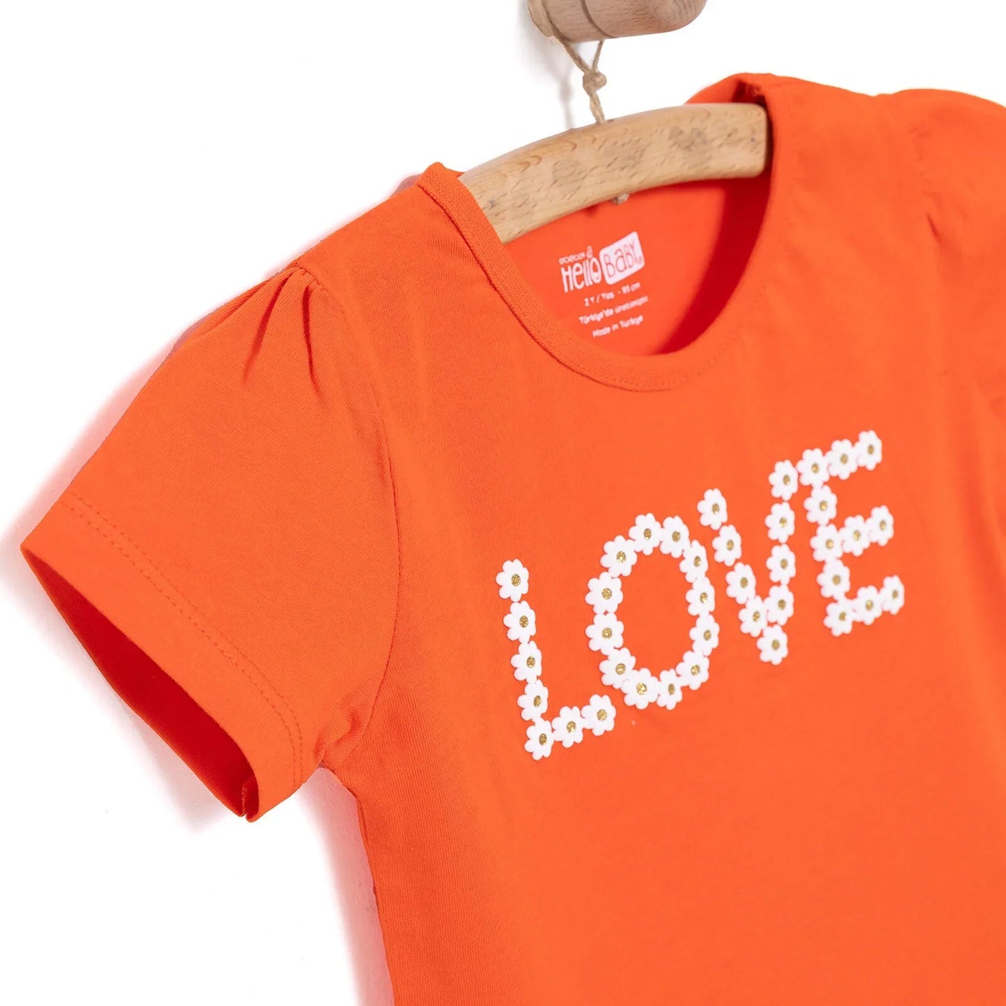 HelloBaby Basic Girl Daisy Patterned T-shirt - Coral - mezetto ebebek ebebek