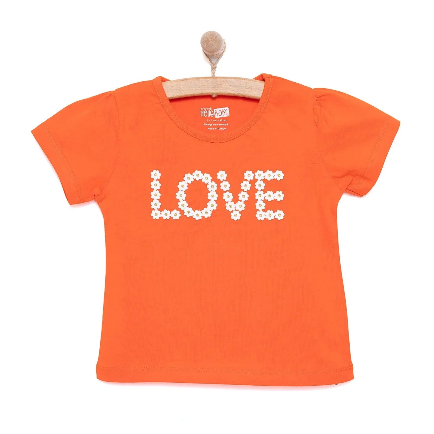 HelloBaby Basic Girl Daisy Patterned T-shirt - Coral - mezetto ebebek ebebek
