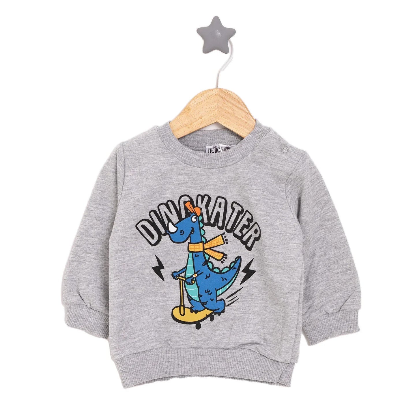 HelloBaby Basic Low Raised Dinokater Printed Sweatshirt - Grey Melange - mezetto ebebek ebebek