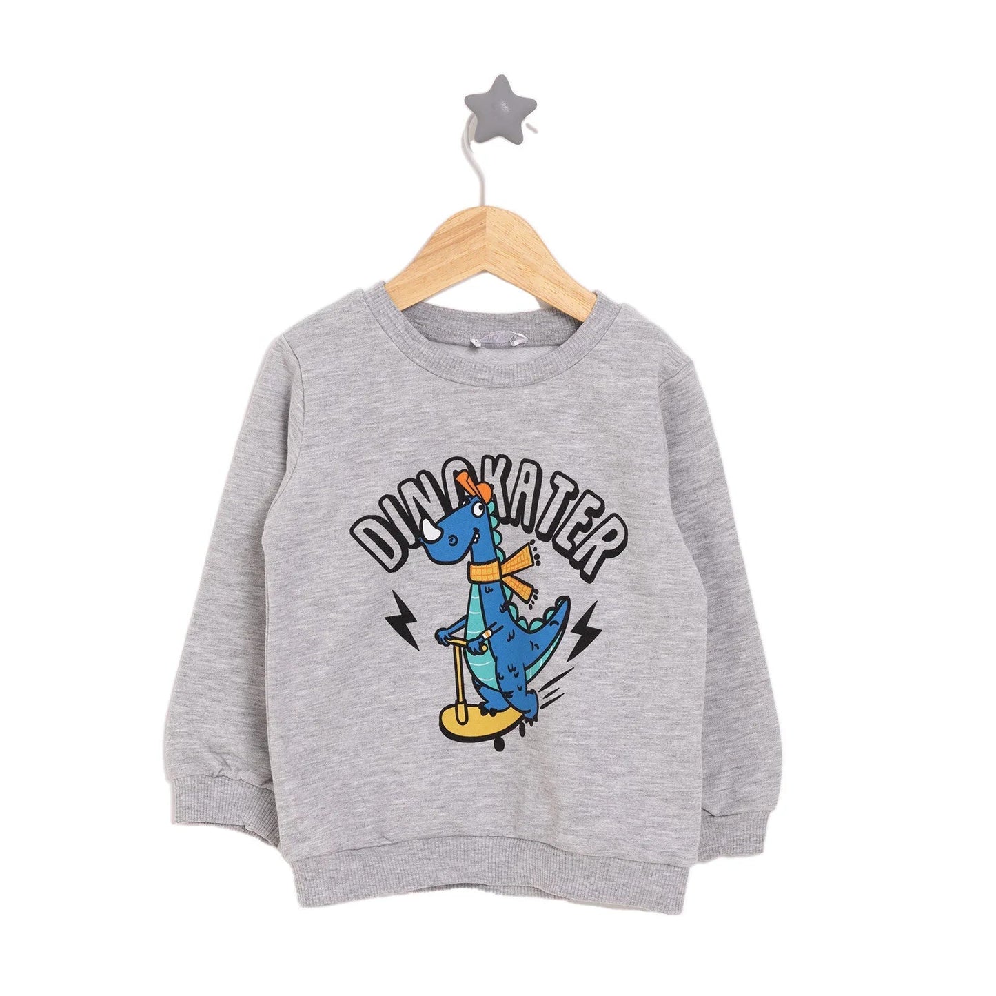 HelloBaby Basic Low Raised Dinokater Printed Sweatshirt - Grey Melange - mezetto ebebek ebebek