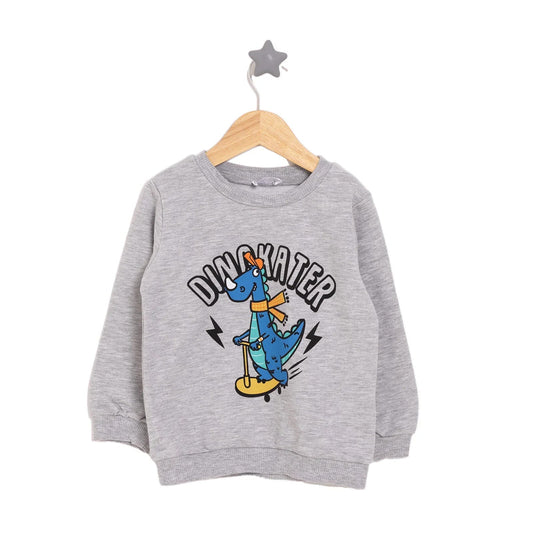 HelloBaby Basic Low Raised Dinokater Printed Sweatshirt - Grey Melange - mezetto ebebek ebebek