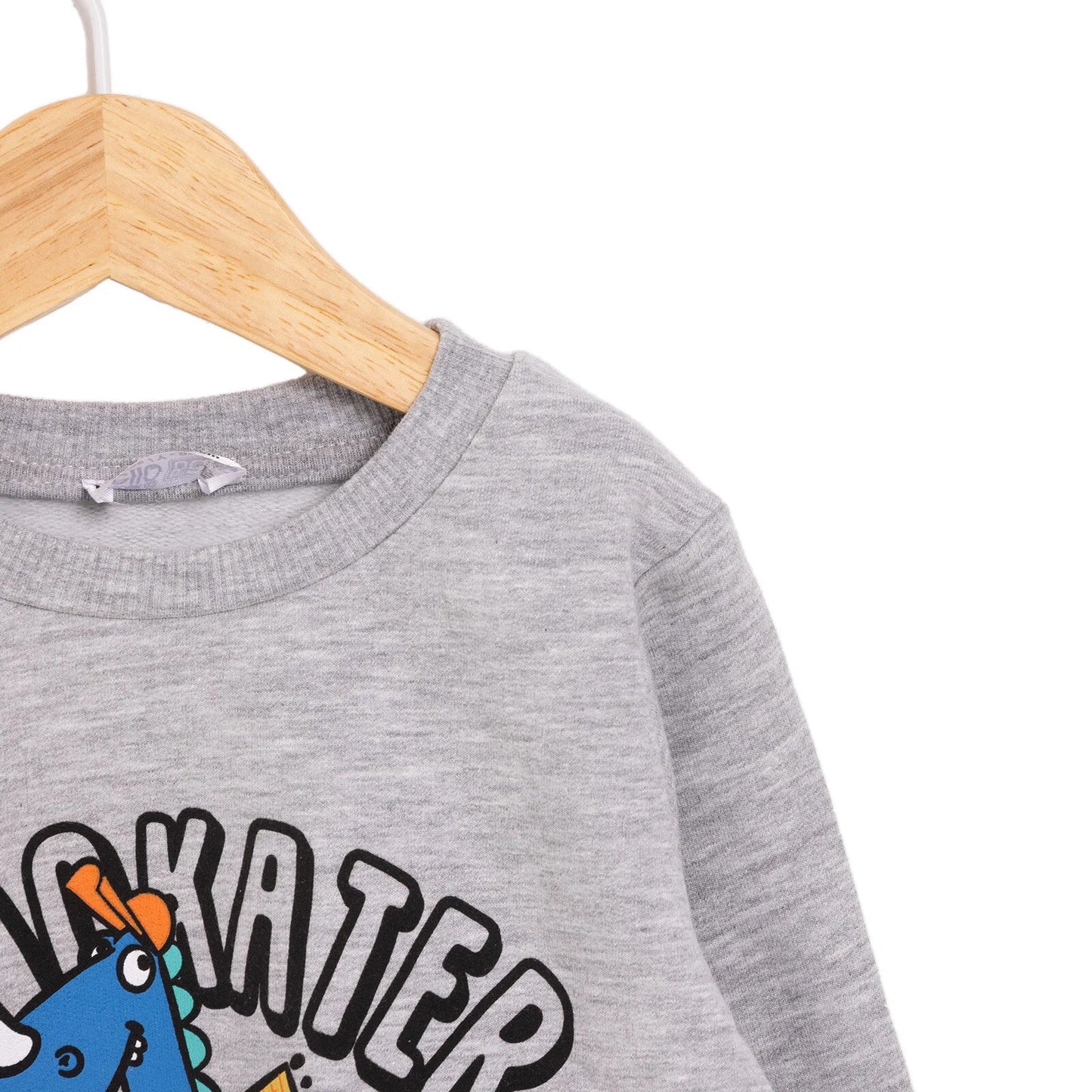 HelloBaby Basic Low Raised Dinokater Printed Sweatshirt - Grey Melange - mezetto ebebek ebebek