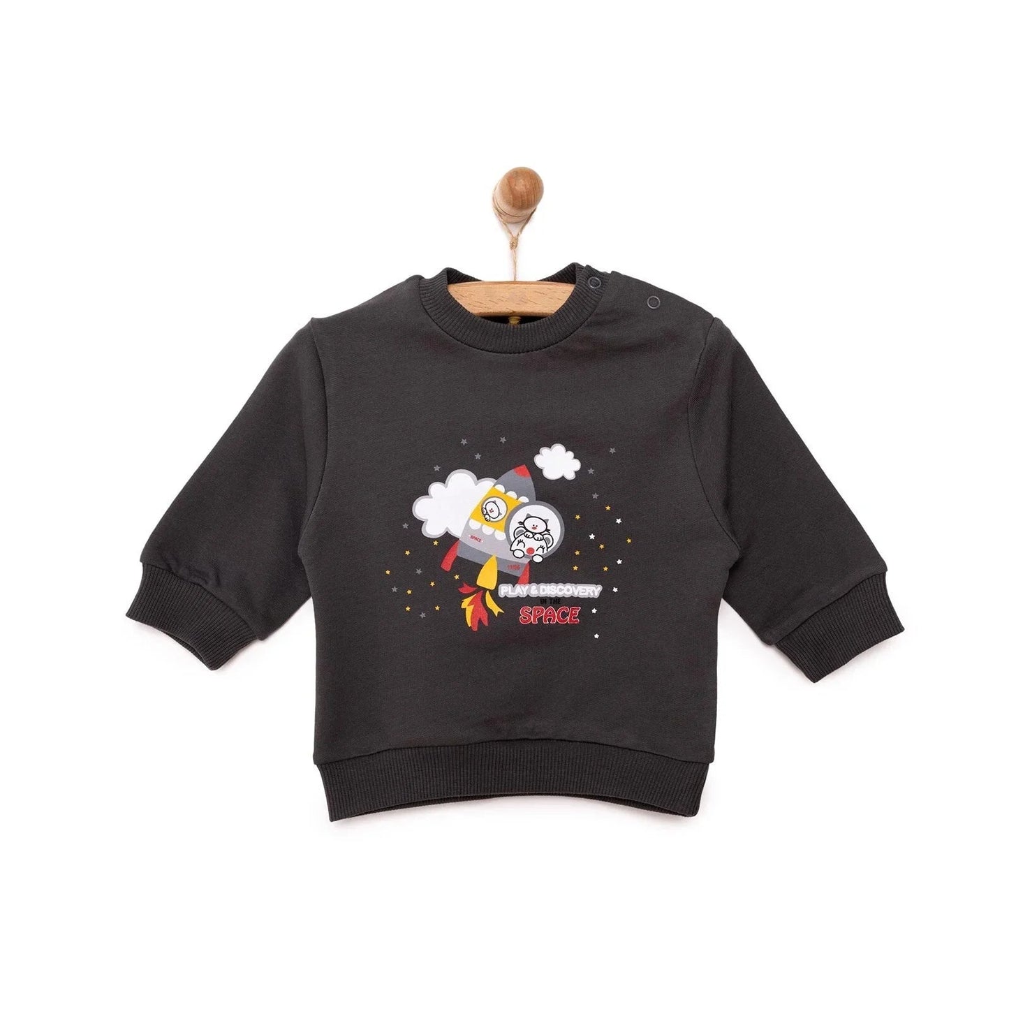 HelloBaby Basic Low Raised Lion Printed Sweatshirt - Dark Grey - mezetto ebebek ebebek