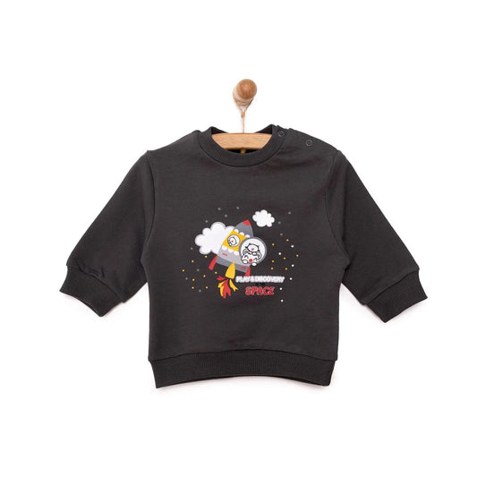HelloBaby Basic Low Raised Lion Printed Sweatshirt - Dark Grey - mezetto ebebek ebebek