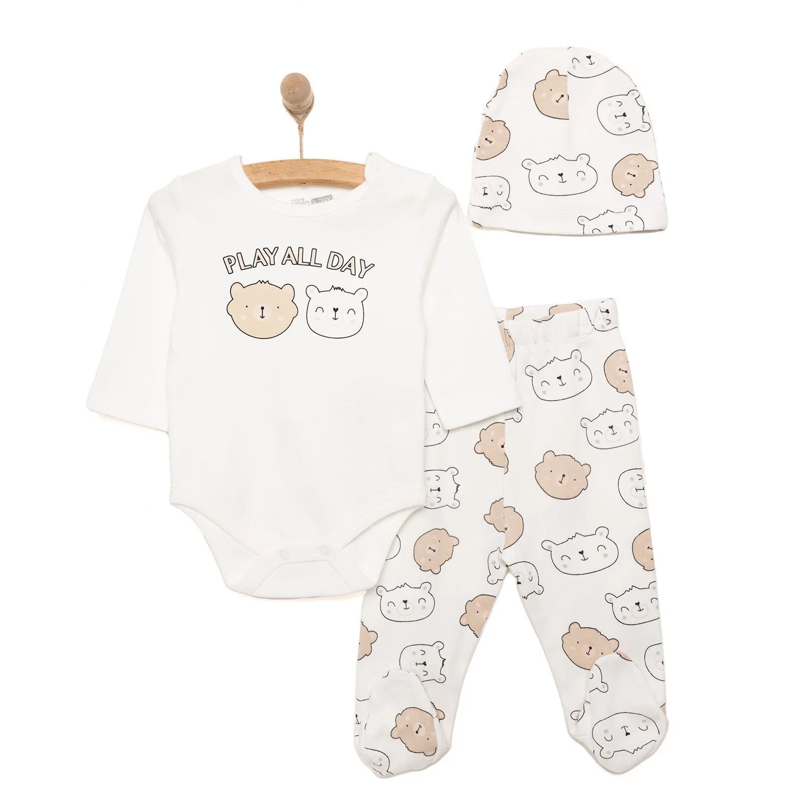 HelloBaby Boy Body - Footed Bottom - Hat - Ecru - mezetto ebebek ebebek