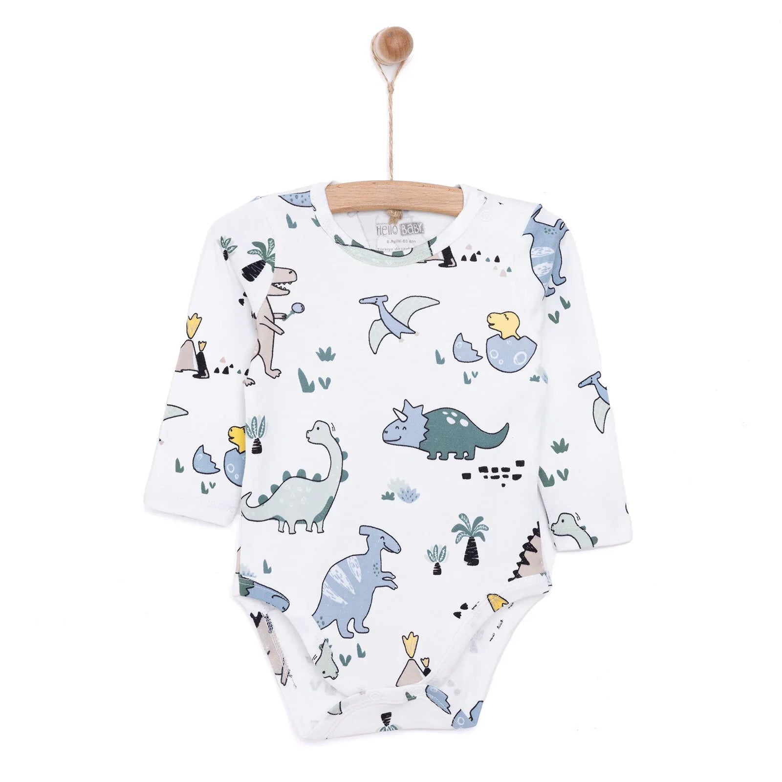 HelloBaby Boy Dino Printed Long Sleeve Bodysuit - White - mezetto ebebek ebebek