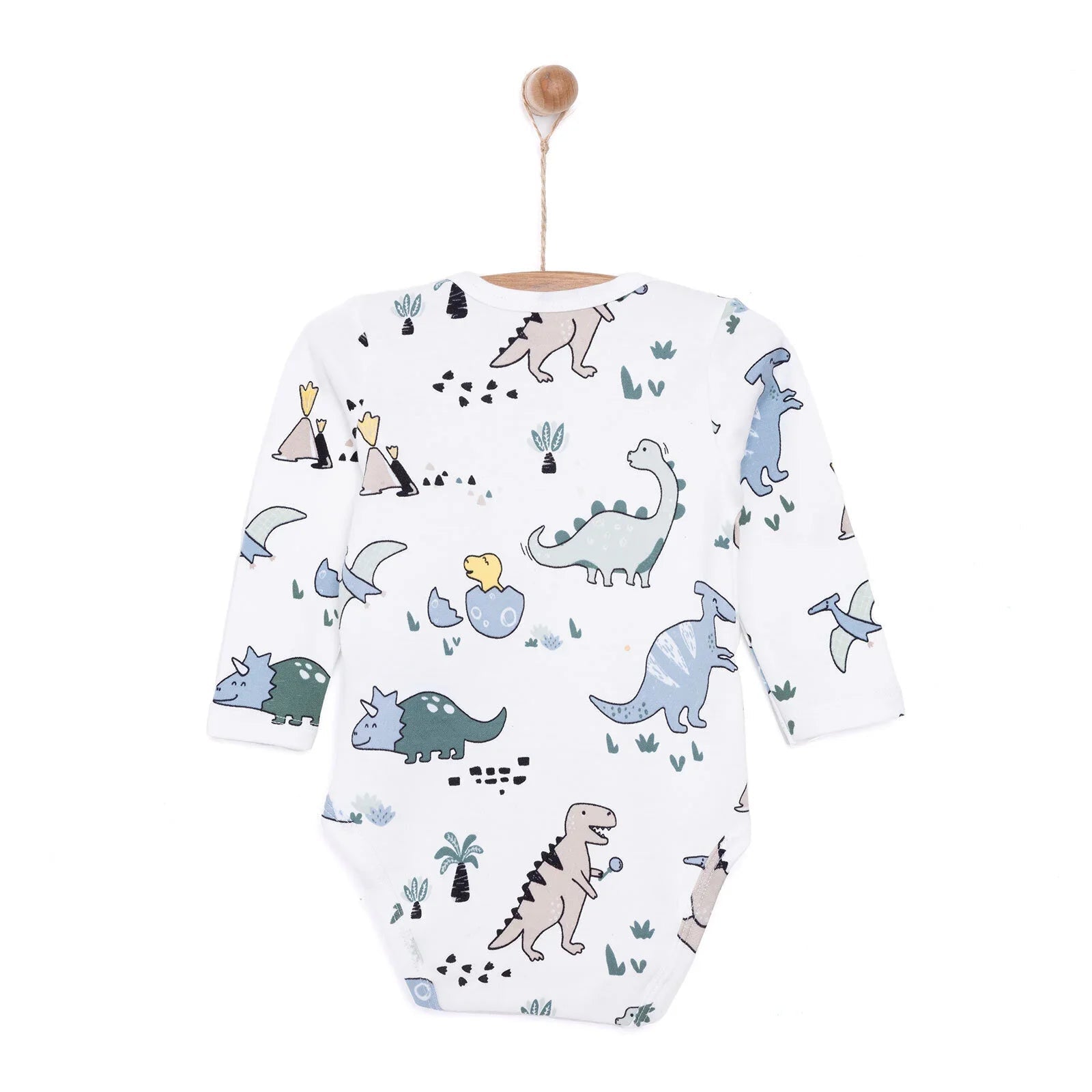 HelloBaby Boy Dino Printed Long Sleeve Bodysuit - White - mezetto ebebek ebebek
