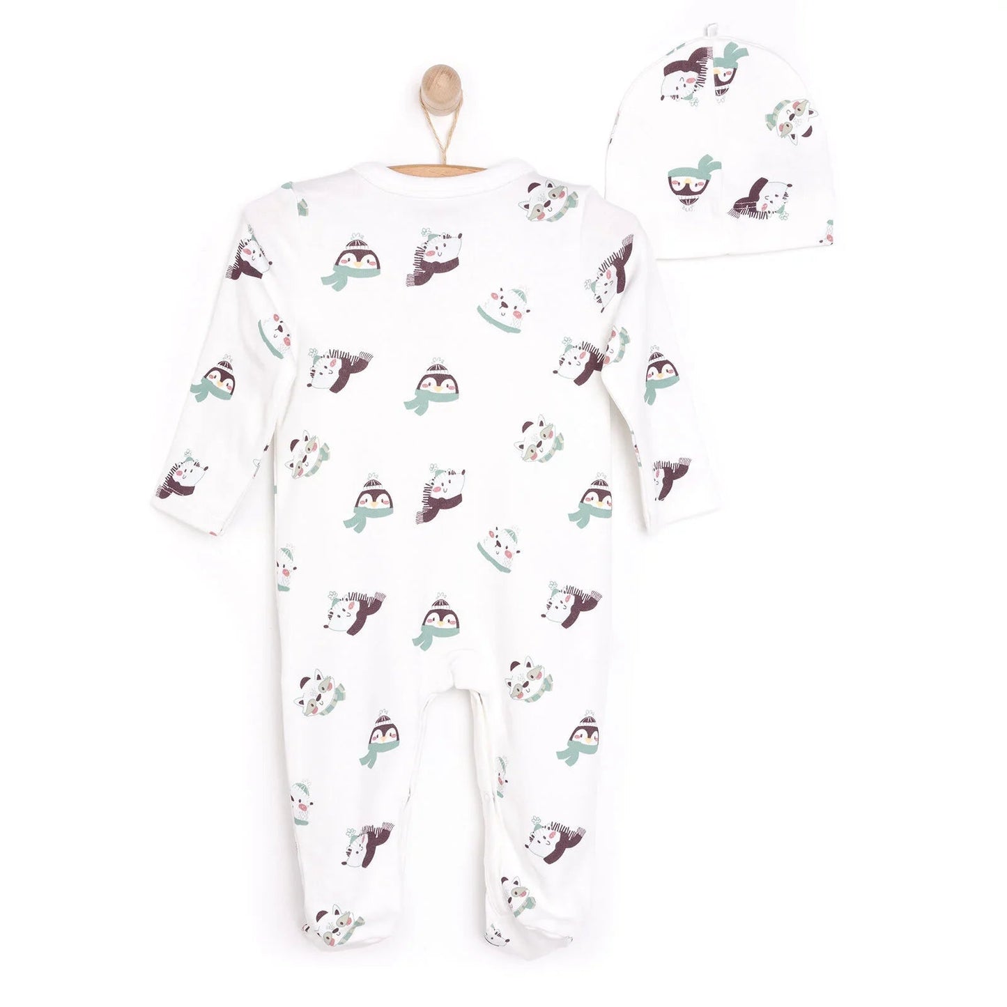 HelloBaby Footed Jumpsuit with Hat - Ecru - mezetto ebebek ebebek