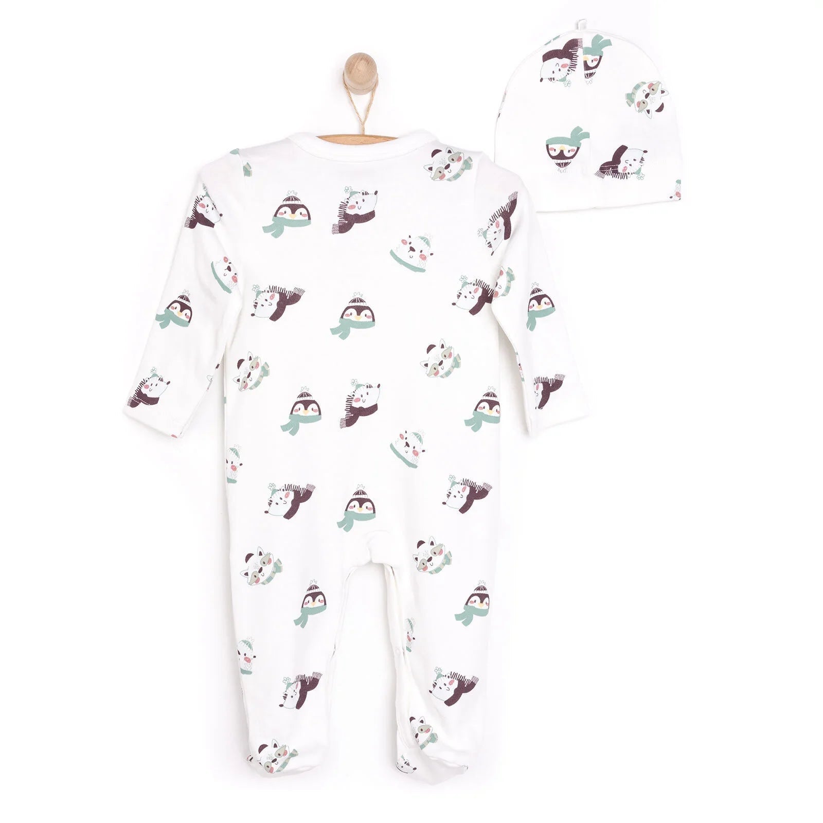 HelloBaby Footed Jumpsuit with Hat - Ecru - mezetto ebebek ebebek