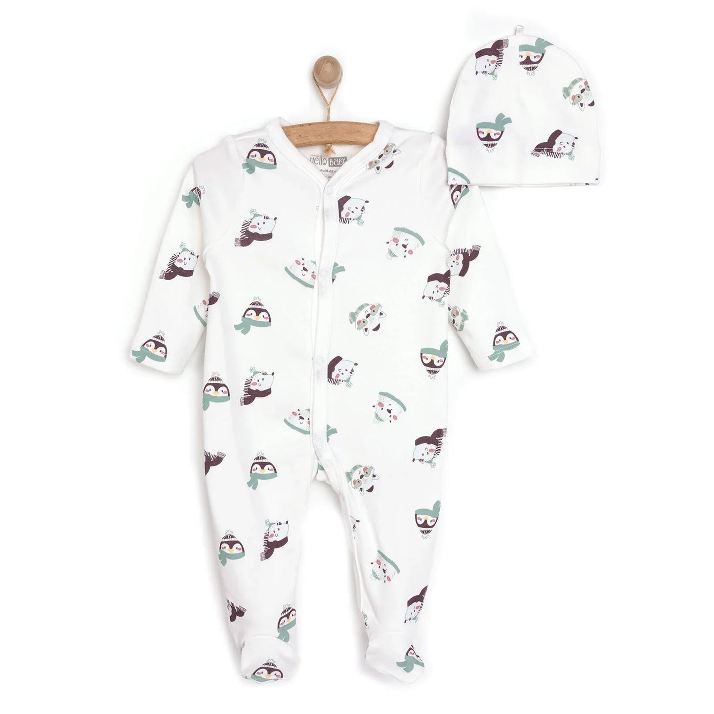 HelloBaby Footed Jumpsuit with Hat - Ecru - mezetto ebebek ebebek