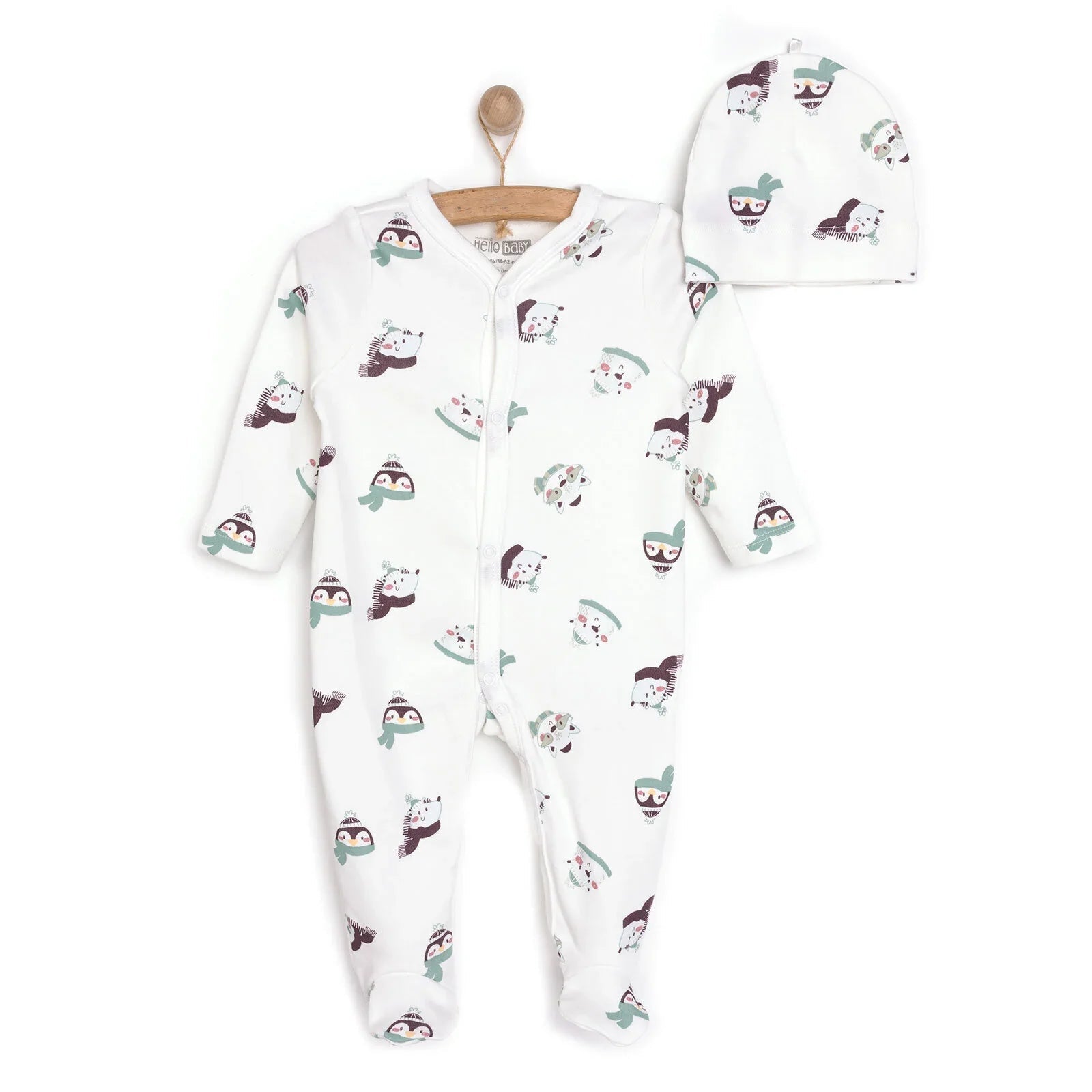 HelloBaby Footed Jumpsuit with Hat - Ecru - mezetto ebebek ebebek