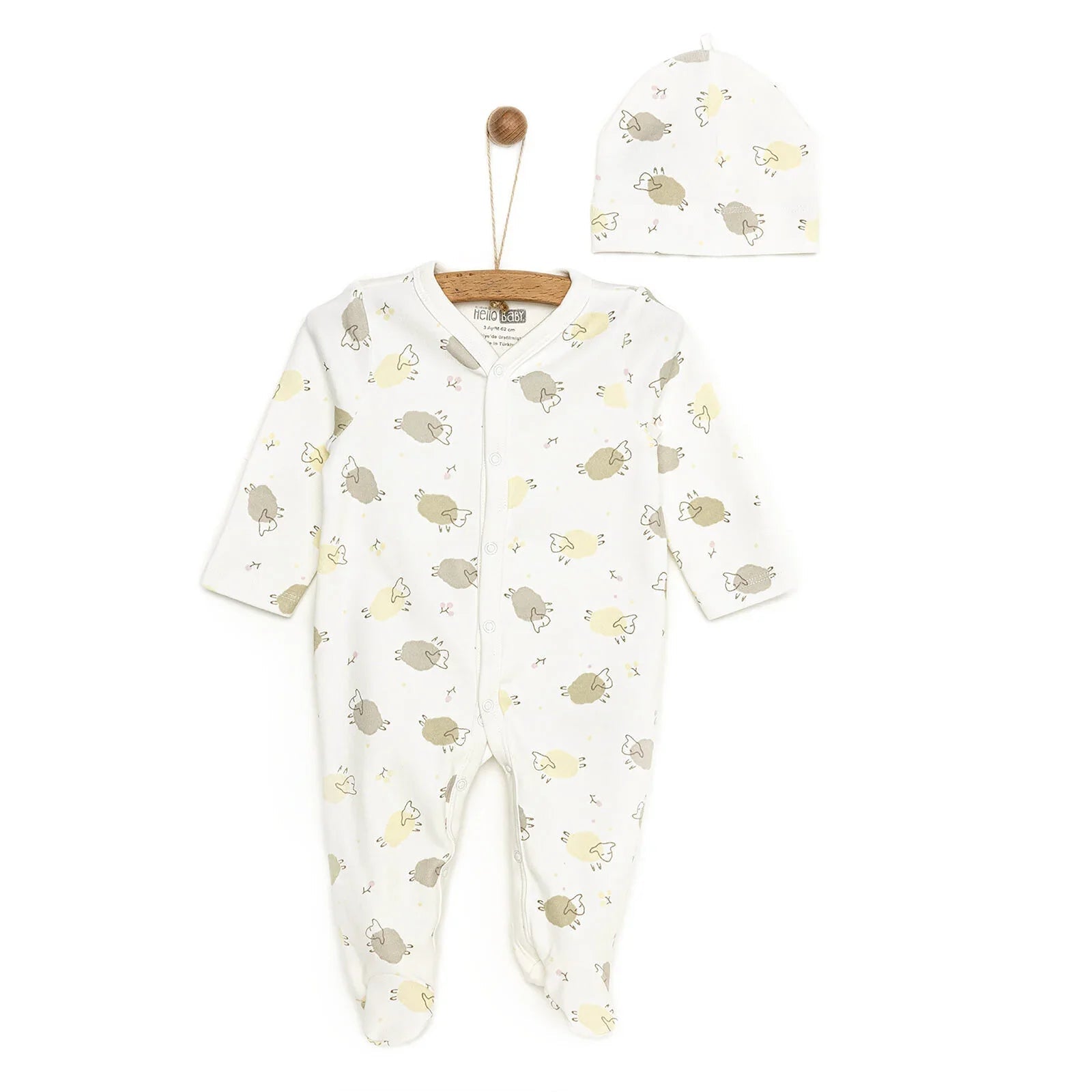 HelloBaby Footed Jumpsuit with Hat - Ecru - mezetto ebebek ebebek