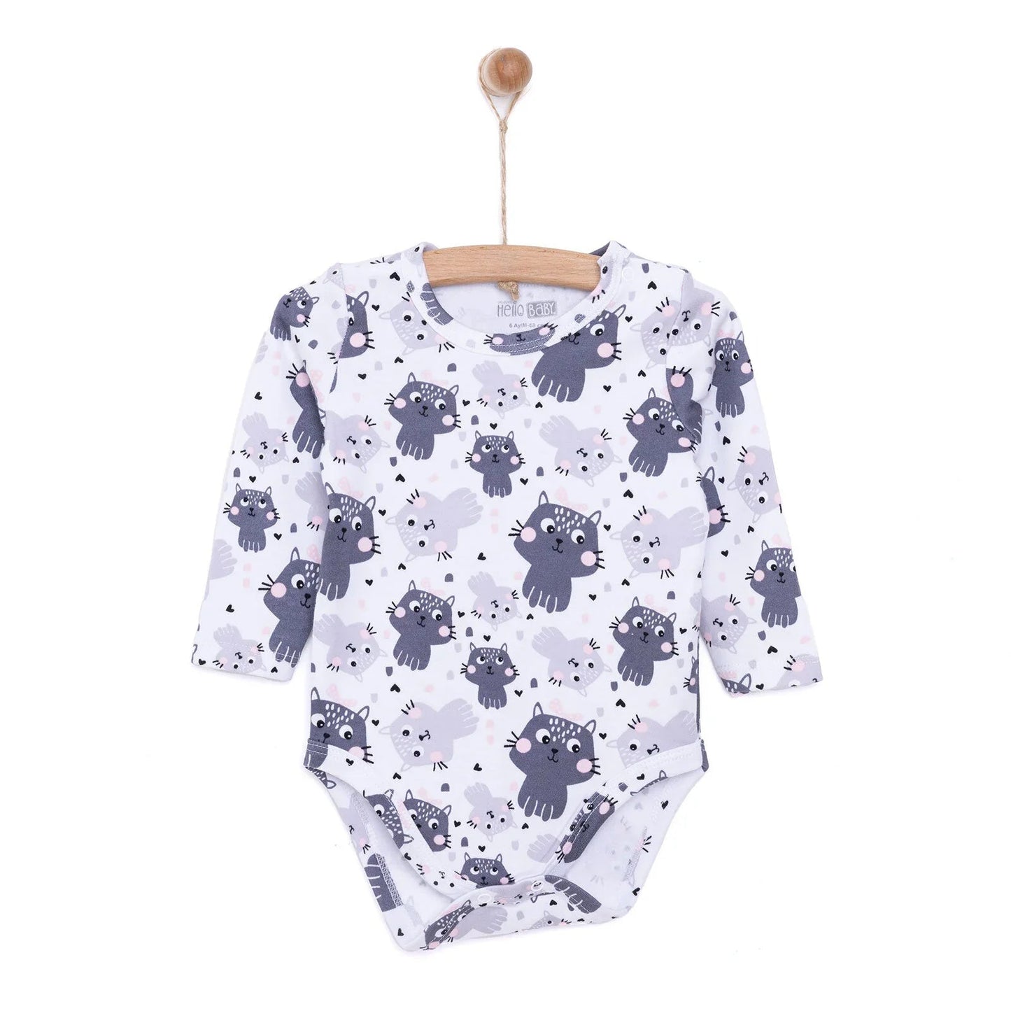 HelloBaby Girl Cat Printed Long Sleeve Bodysuit - White - mezetto ebebek ebebek
