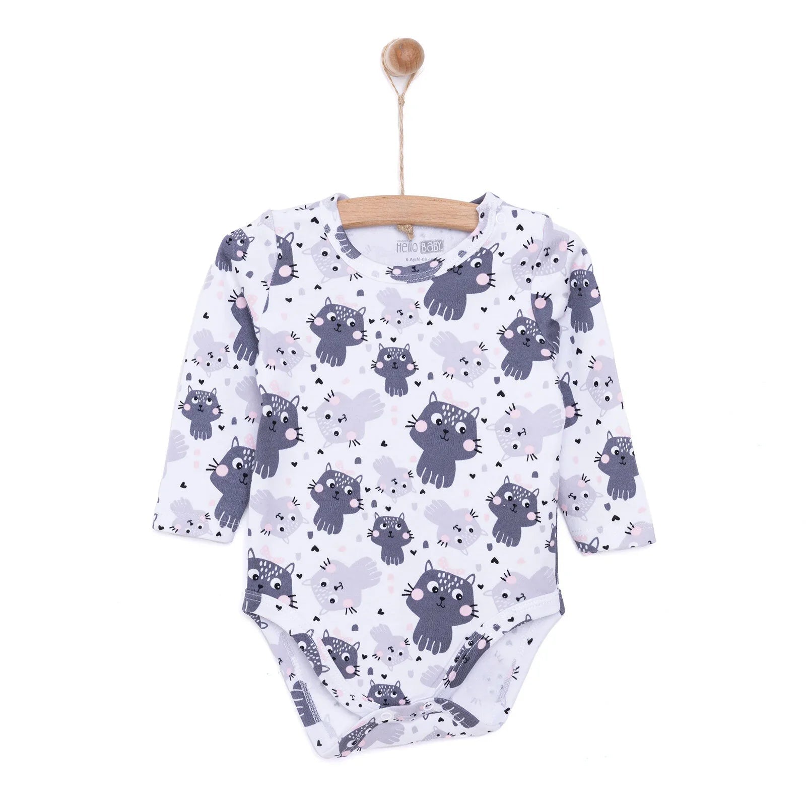 HelloBaby Girl Cat Printed Long Sleeve Bodysuit - White - mezetto ebebek ebebek