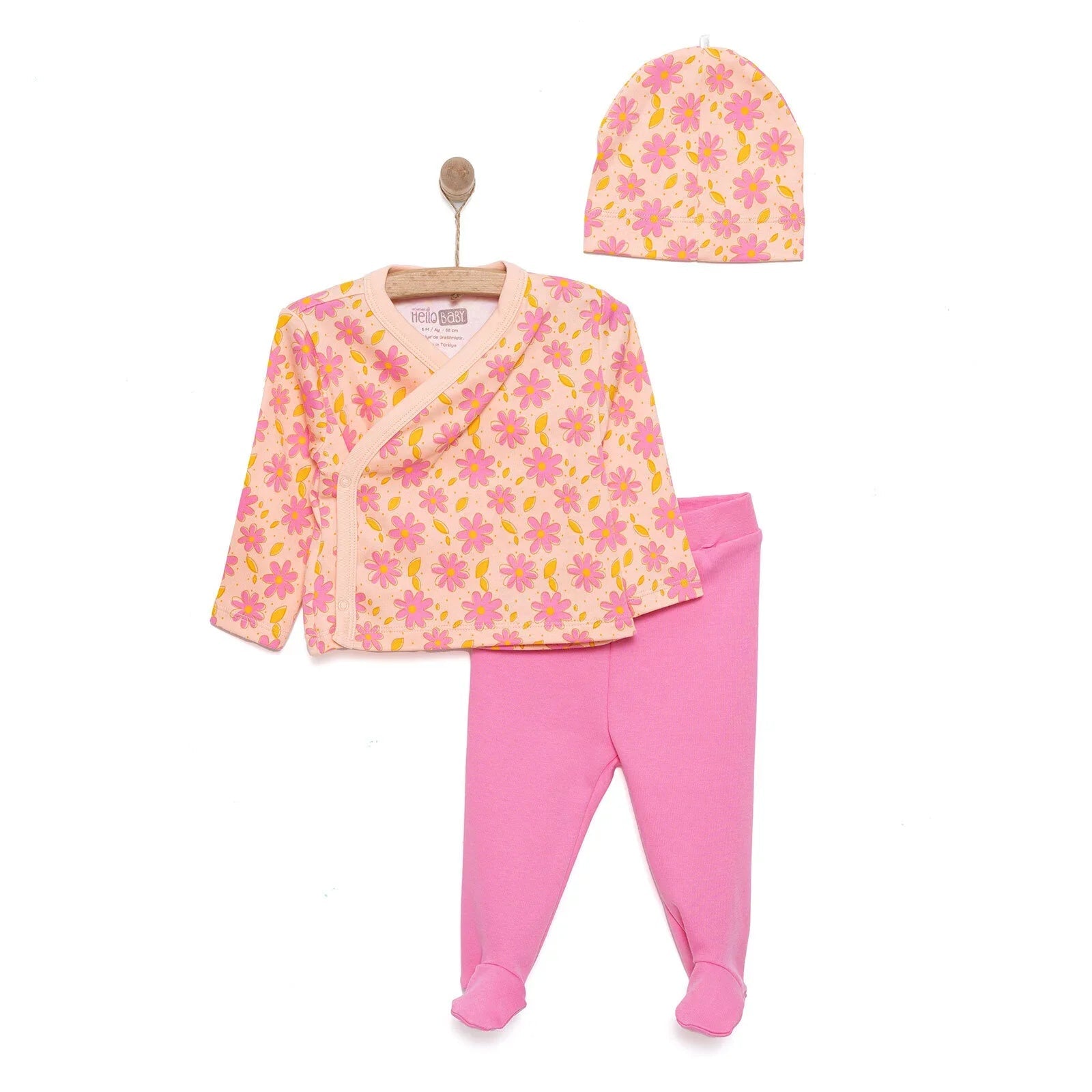 HelloBaby Girl Wrapover Top - Hat - Footed Bottom - Salmon - mezetto ebebek ebebek