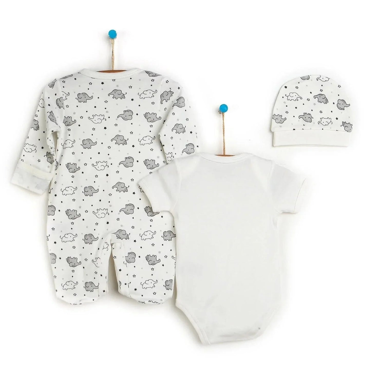 HelloBaby Newborn Baby Cute Elephant Romper Baby and Hat Set 3 pcs - Ecru - mezetto ebebek ebebek