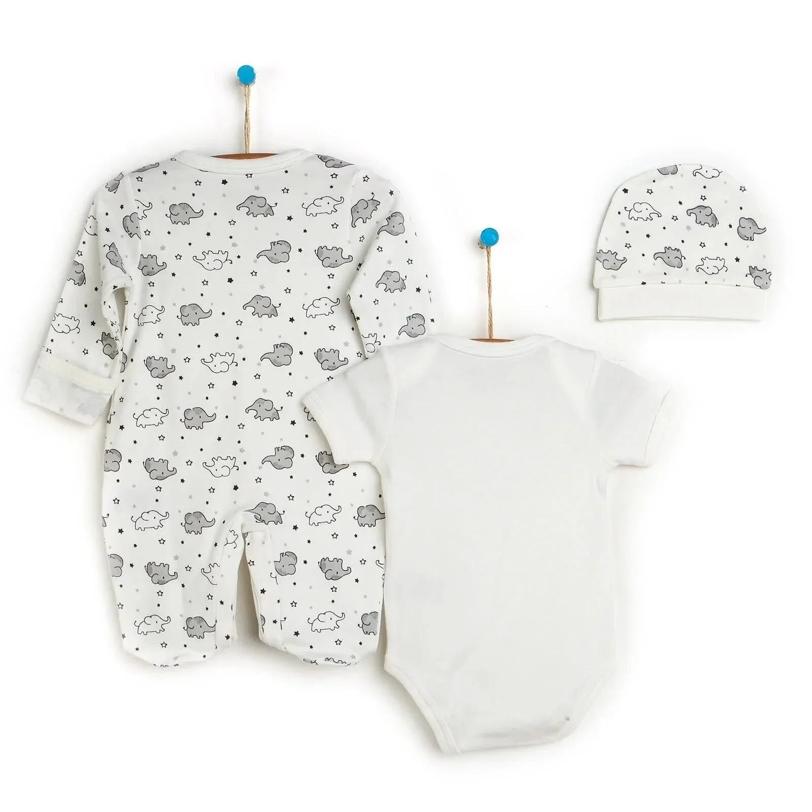 HelloBaby Newborn Baby Cute Elephant Romper Baby and Hat Set 3 pcs - Ecru - mezetto ebebek ebebek
