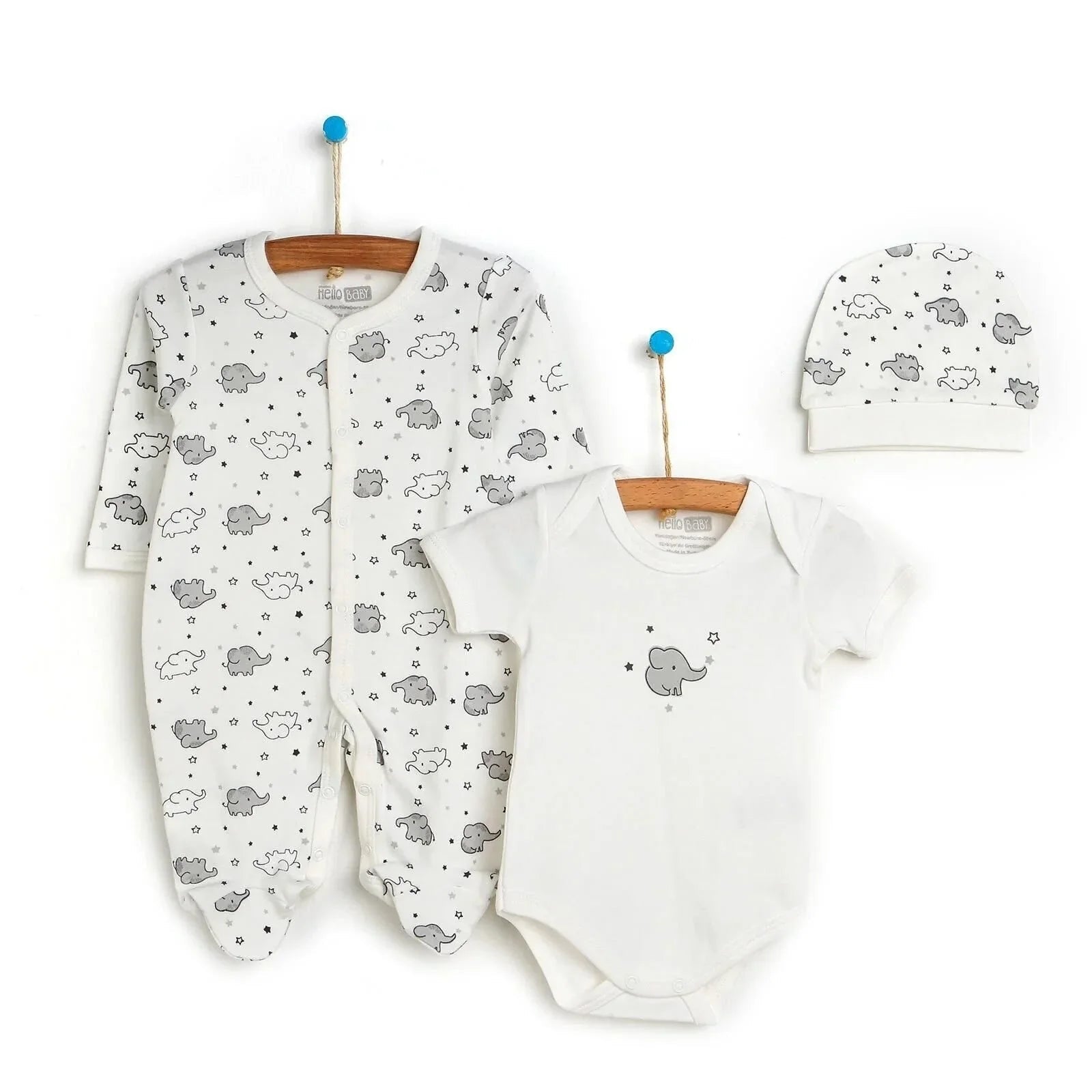 HelloBaby Newborn Baby Cute Elephant Romper Baby and Hat Set 3 pcs - Ecru - mezetto ebebek ebebek
