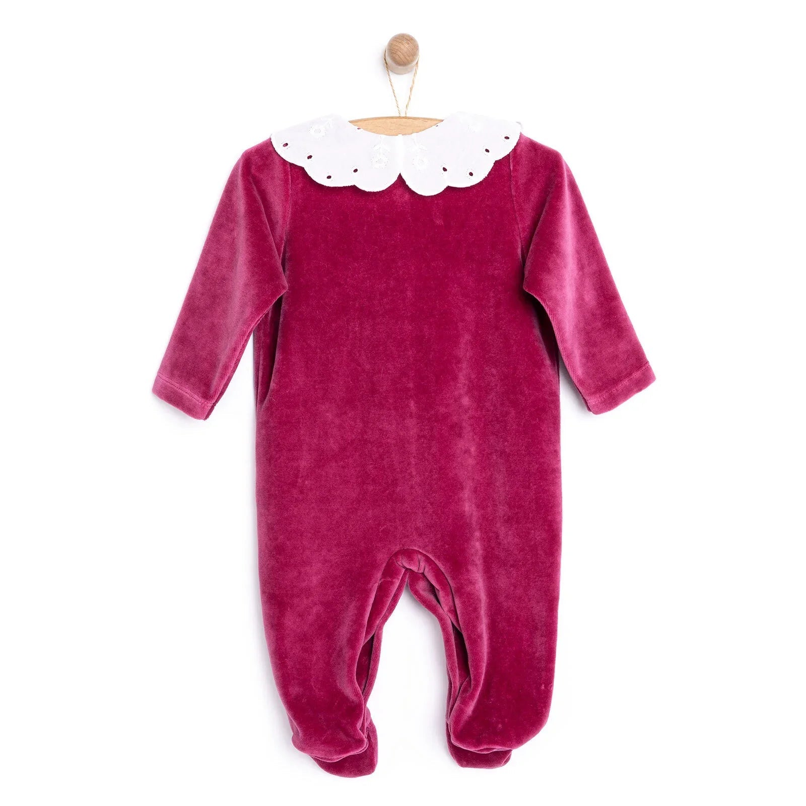 HelloBaby Newborn Unisex Embroidered Velvet Jumpsuit - Fuchsia - mezetto ebebek ebebek