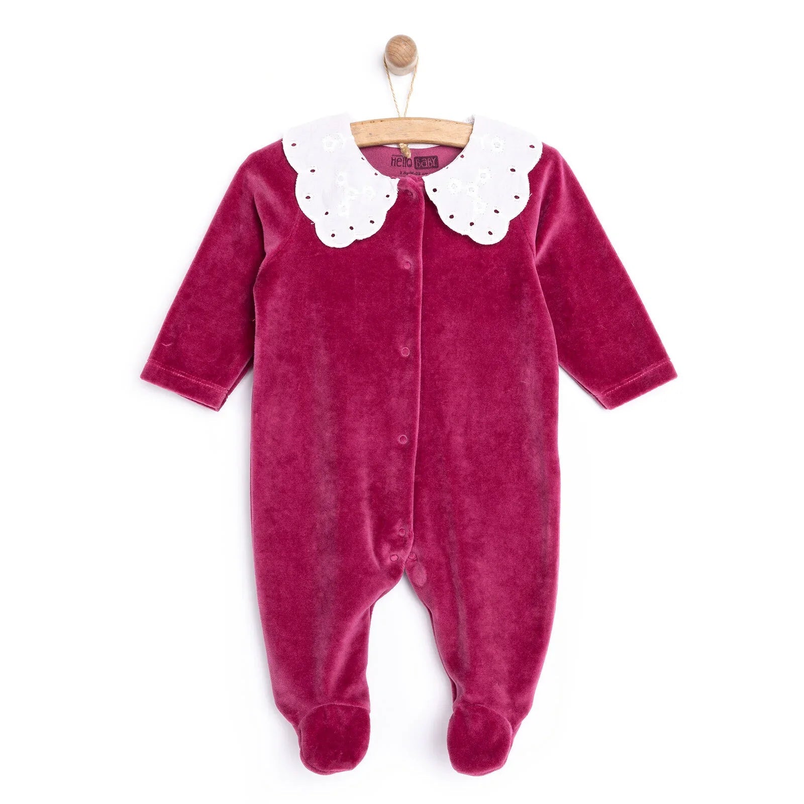 HelloBaby Newborn Unisex Embroidered Velvet Jumpsuit - Fuchsia - mezetto ebebek ebebek