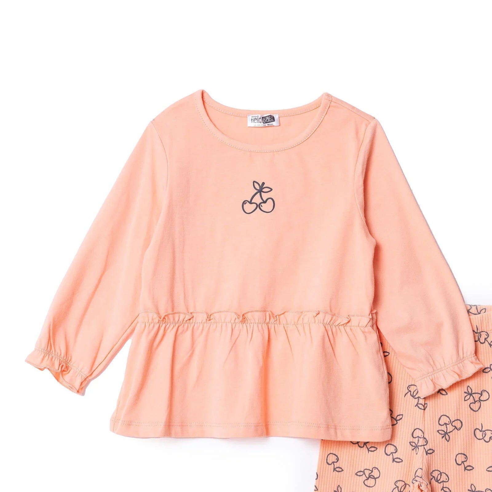 HelloBaby Winter Cherry Blouse - Leggings - Salmon - mezetto ebebek ebebek