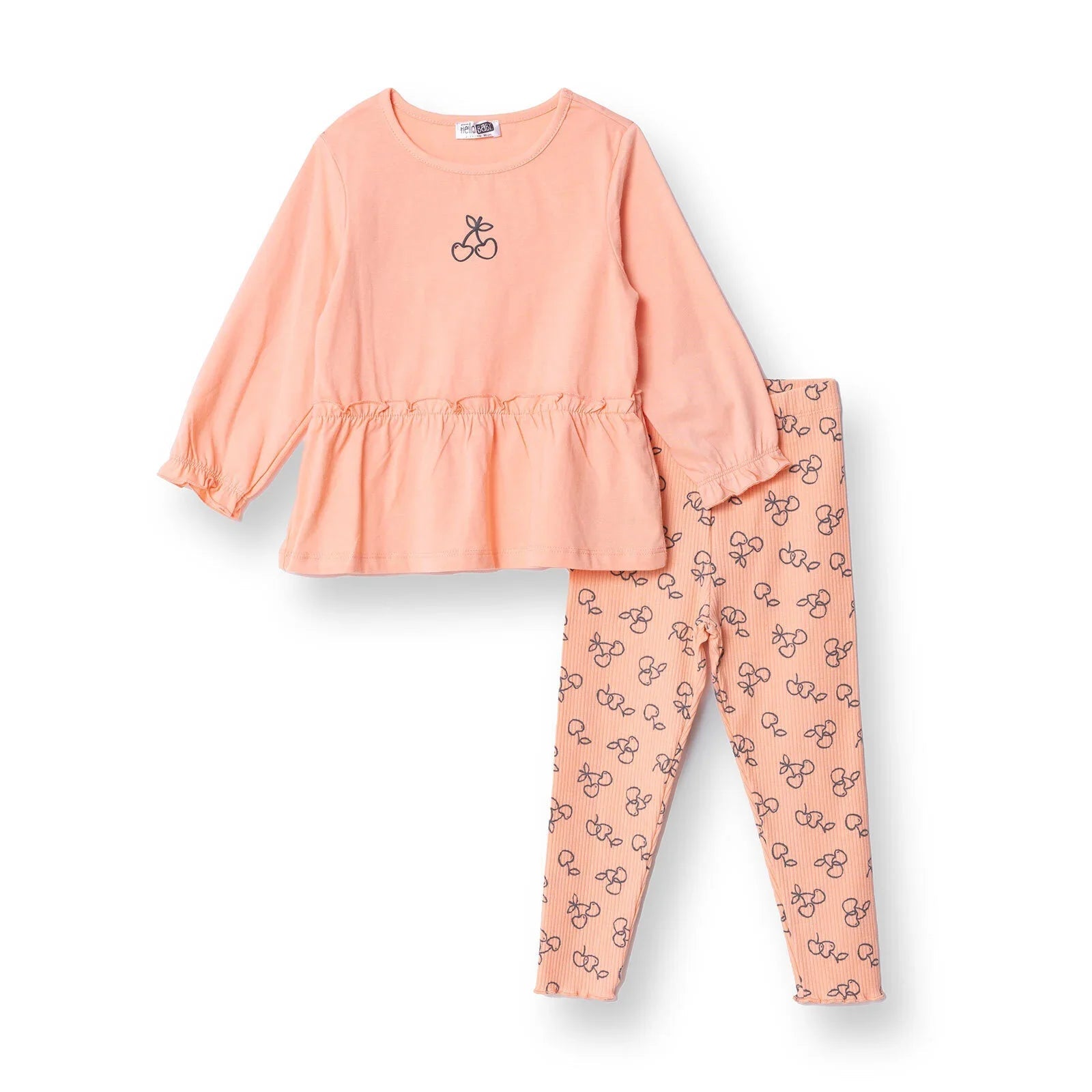 HelloBaby Winter Cherry Blouse - Leggings - Salmon - mezetto ebebek ebebek