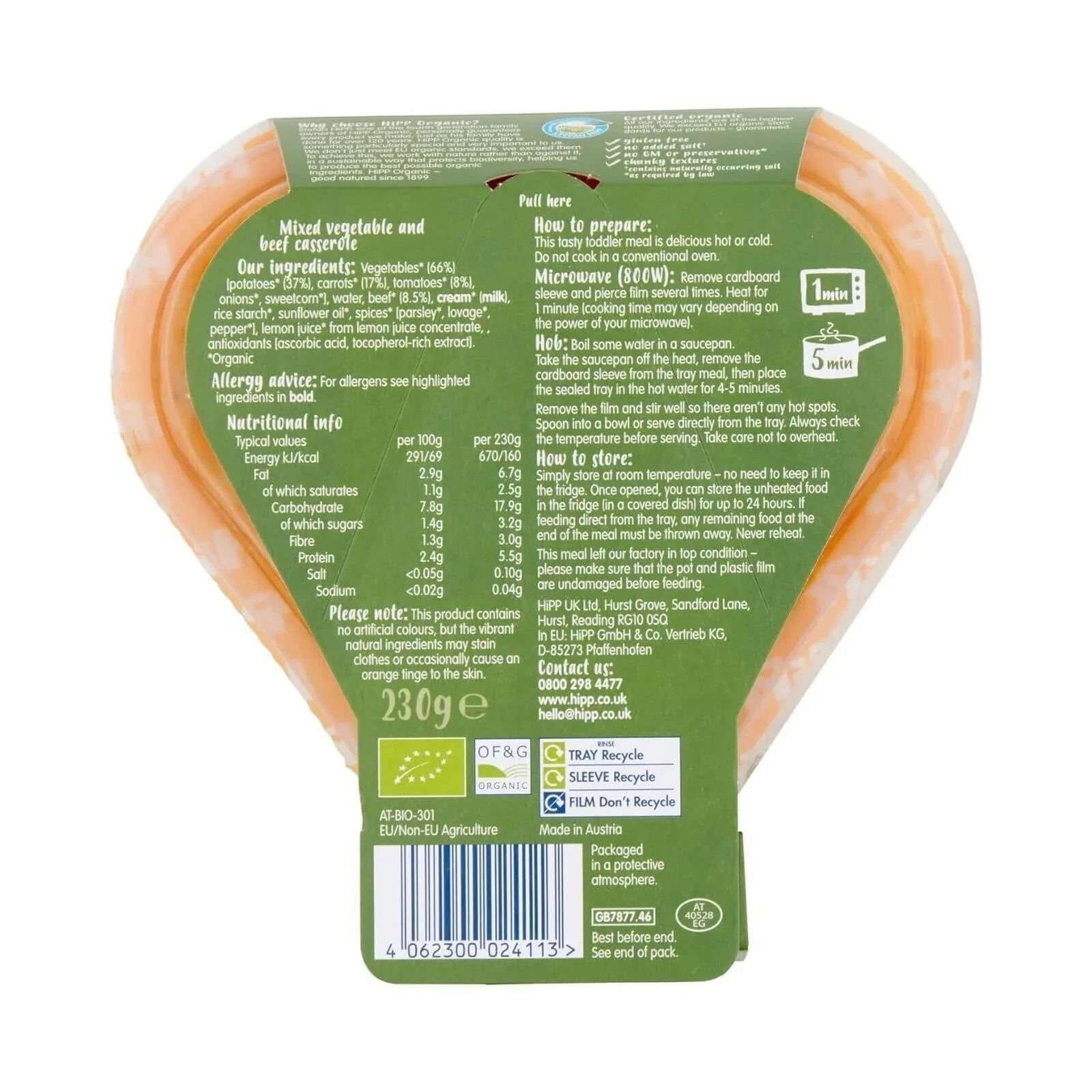 HiPP Organic Hearty Vegetable & Beef Casserole Toddler Tray Meal 12+ months 230g - mezetto ebebek ebebek