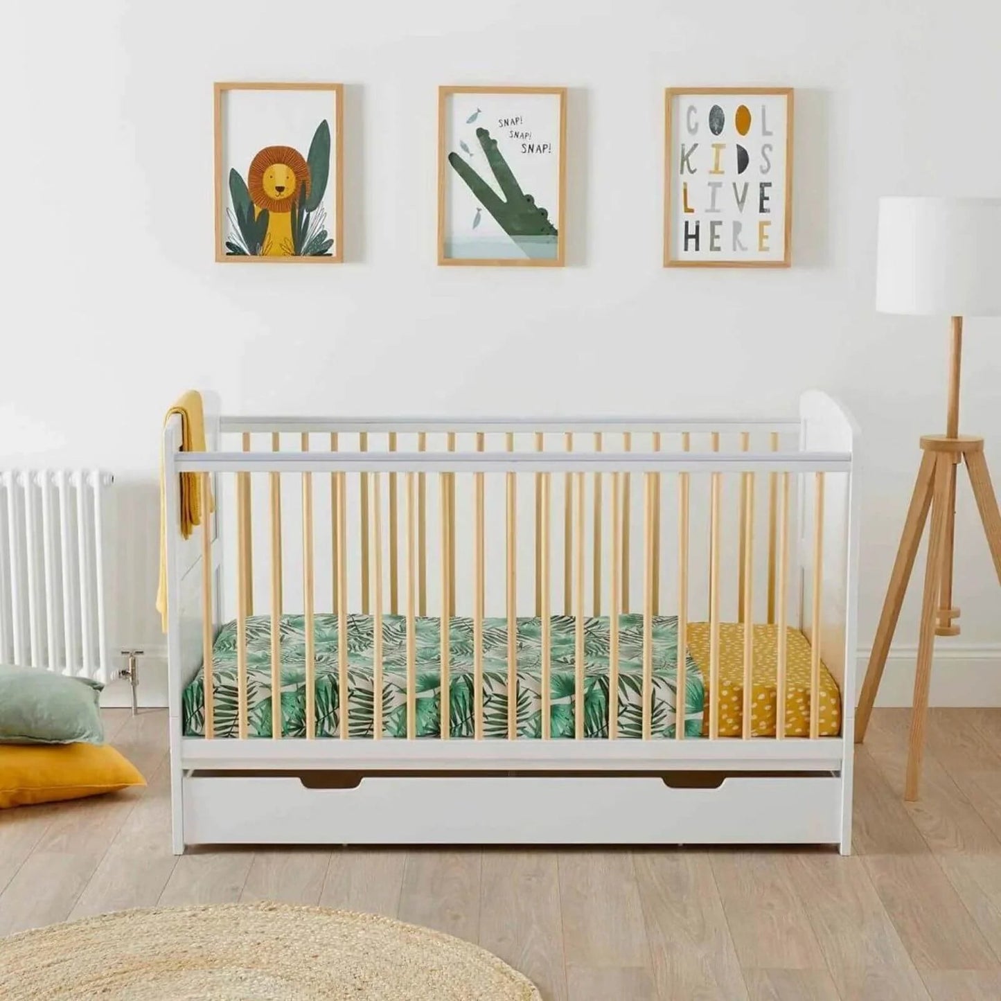 Ickle Bubba Coleby Scandi Cot Bed with Under Drawer Scandi White - Premium Sprung Mattress - mezetto ebebek ebebek