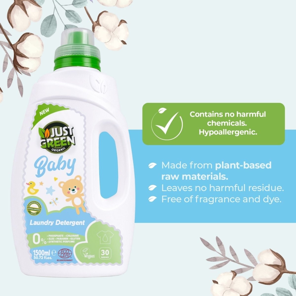 Just Green Organic Baby Laundry Liquid 1500ml - mezetto ebebek ebebek
