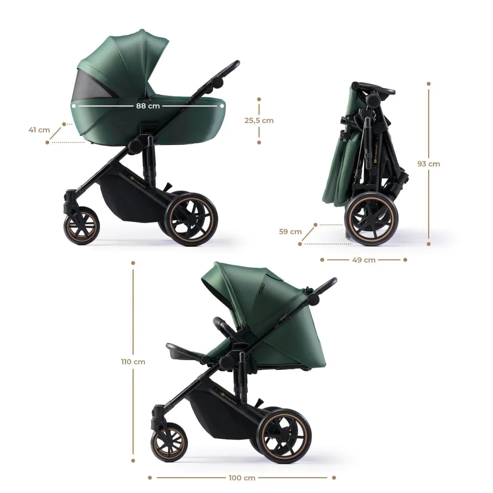 Kinderkraft 3 - in - 1 Mink Pro Prime 2 Travel System with Car Seat - Dark Green - mezetto ebebek ebebek