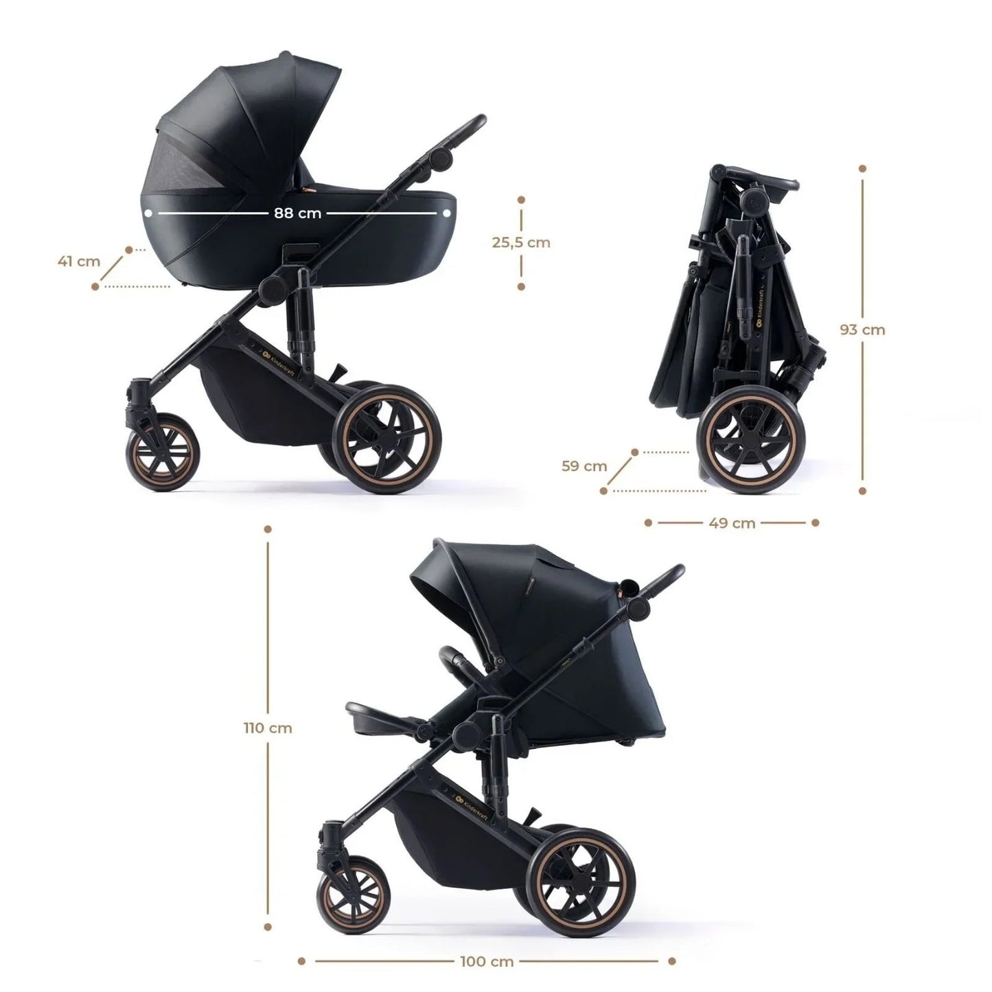 Kinderkraft 3 - in - 1 Mink Pro Prime 2 Travel System with Car Seat - Venezian Black - mezetto ebebek ebebek