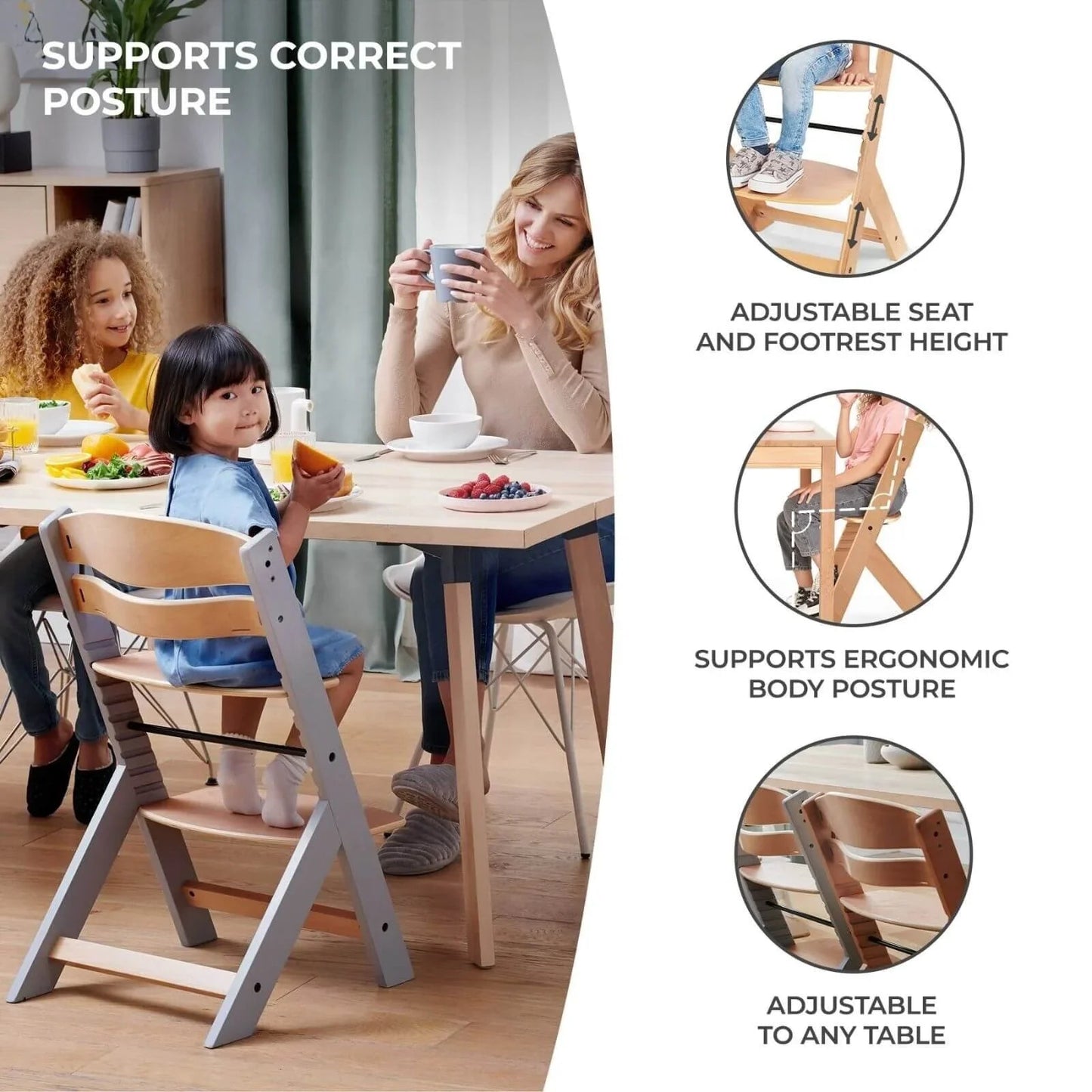 Kinderkraft Enock Wooden Highchair - Full Grey - mezetto ebebek ebebek