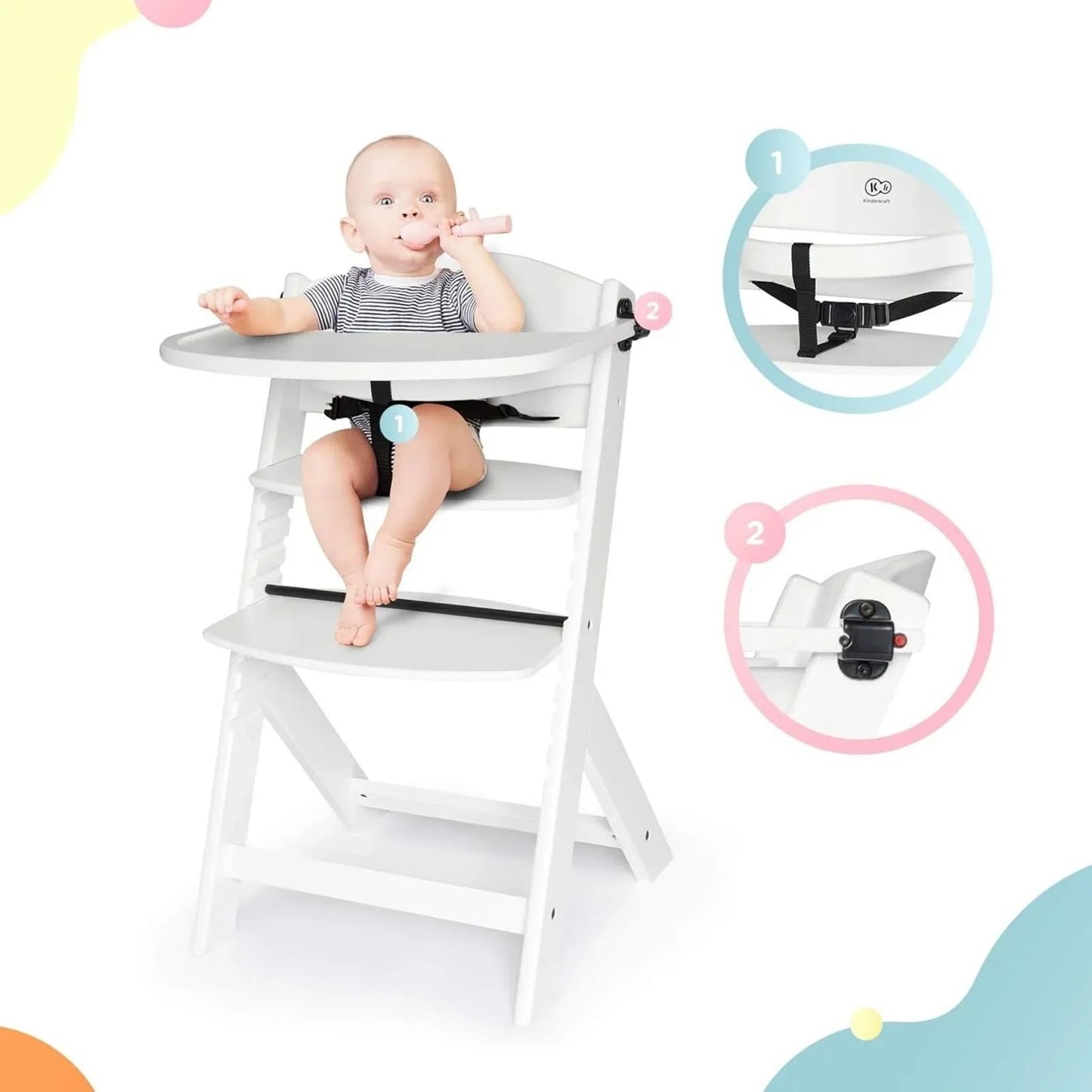 Kinderkraft Enock Wooden Highchair - White - mezetto ebebek ebebek