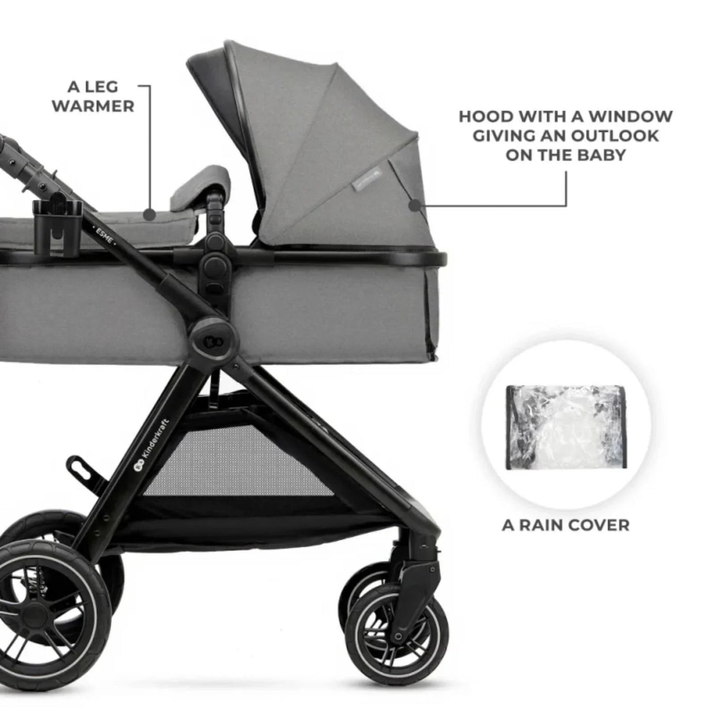 Kinderkraft Esme 3 - in - 1 Travel System with Mink Pro Car Seat - Moonlight Grey - mezetto ebebek ebebek
