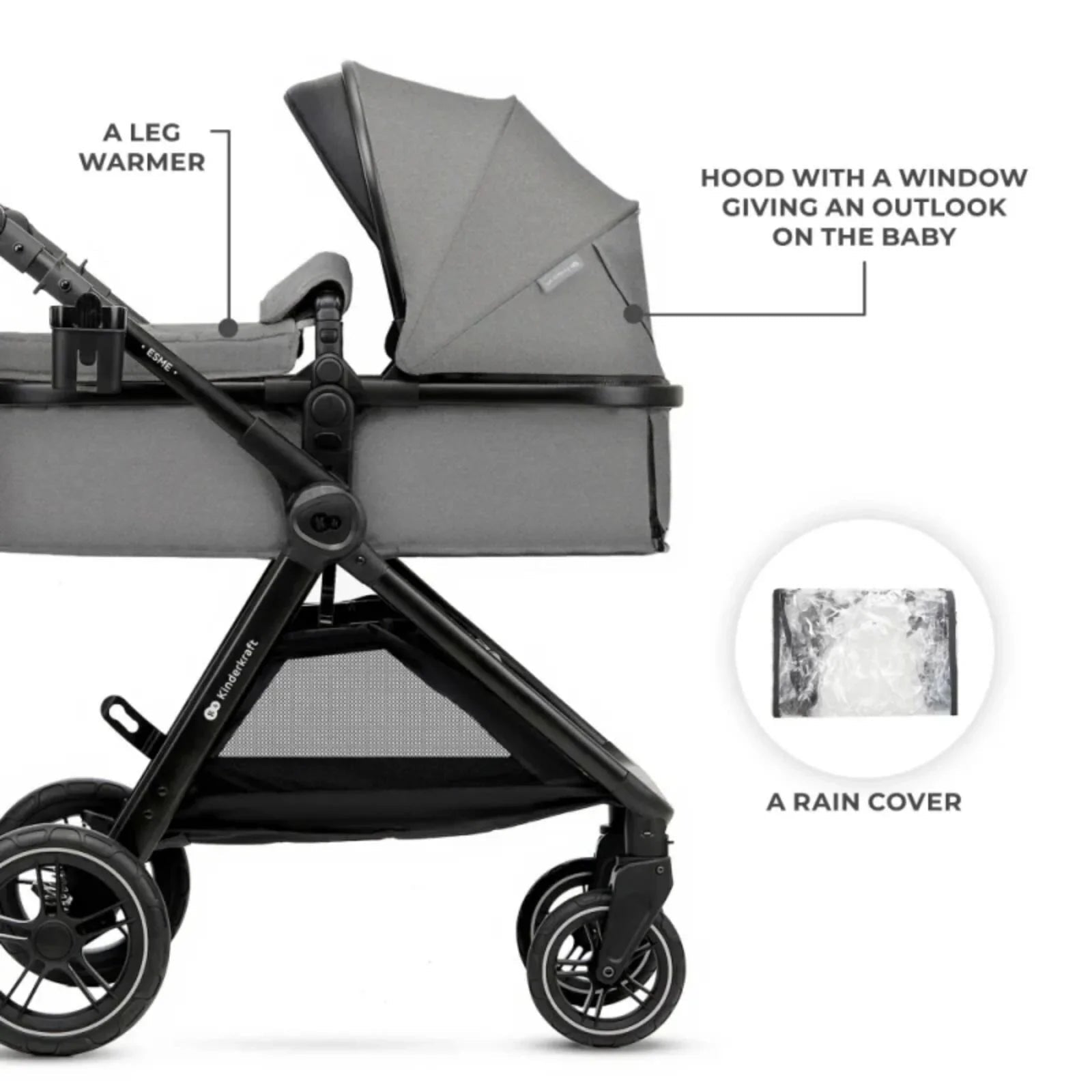 Kinderkraft Esme 3 - in - 1 Travel System with Mink Pro Car Seat - Moonlight Grey - mezetto ebebek ebebek
