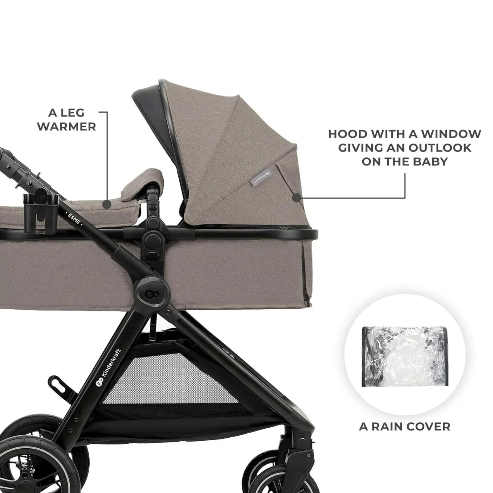 Kinderkraft Esme 3 - in - 1 Travel System with Mink Pro Car Seat - Sand Beige - mezetto ebebek ebebek