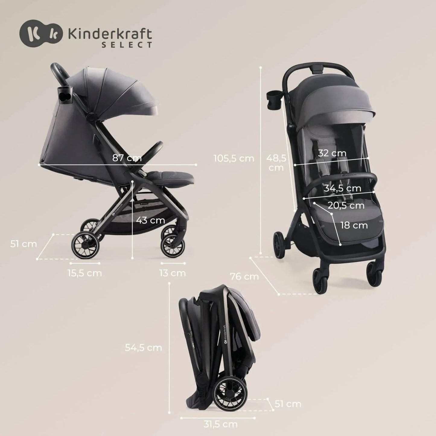 Kinderkraft Nubi 2 Auto - Folding Pushchair - Sand Beige - mezetto ebebek ebebek