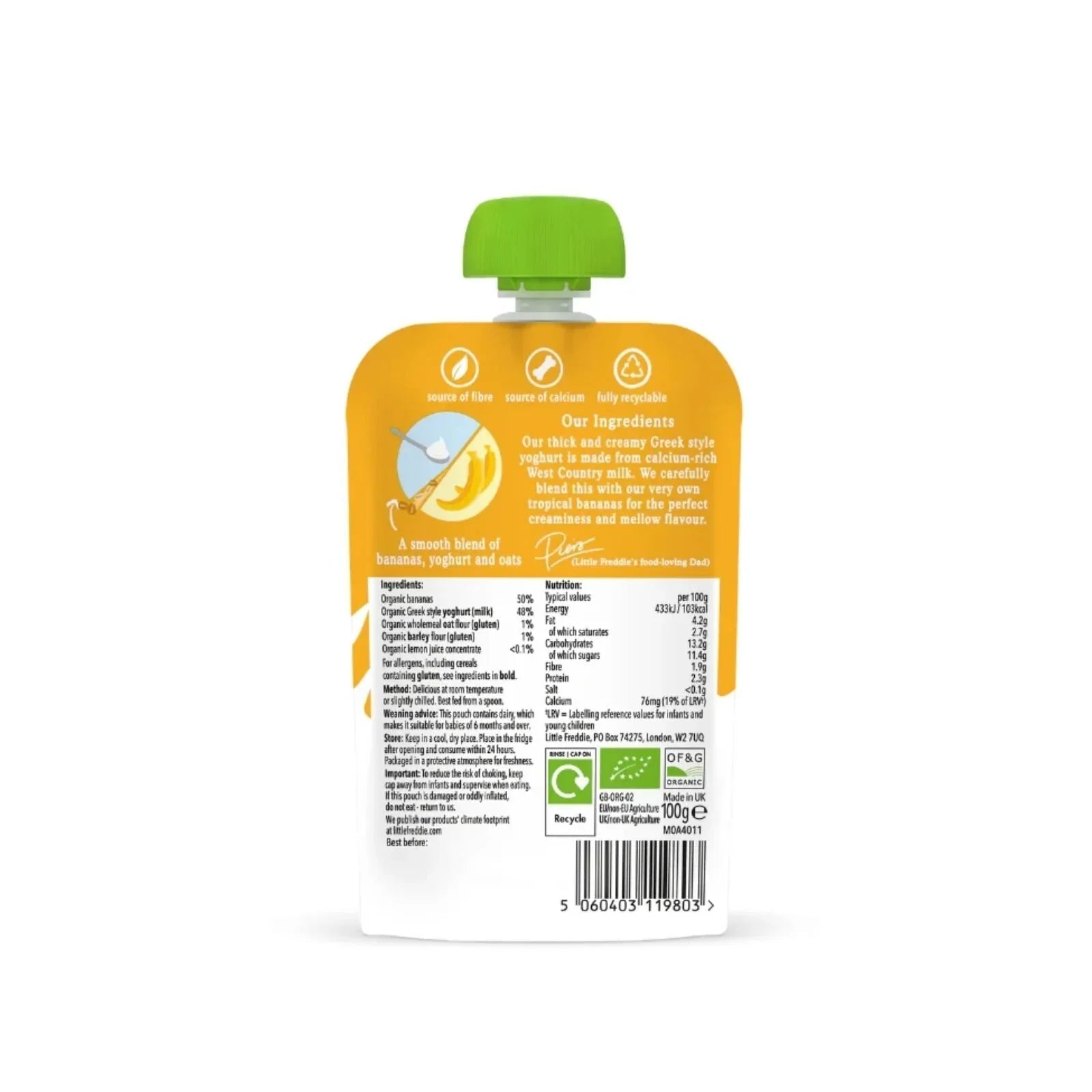 Little Freddie Organic Banana Greek Style Yoghurt Baby Food Pouch 6+ months 100g - mezetto ebebek ebebek