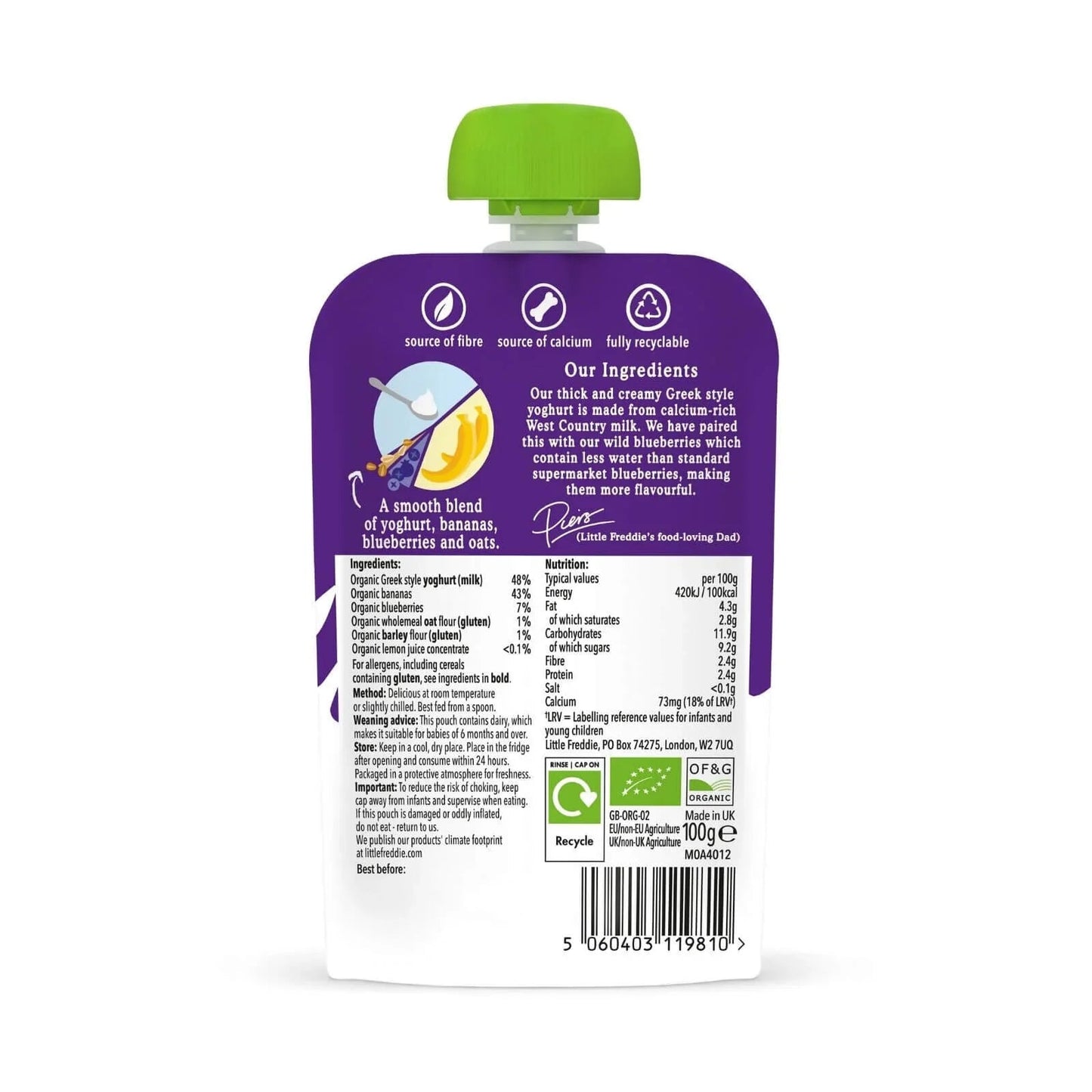 Little Freddie Organic Blueberry & Banana Greek Style Yoghurt Baby Food Pouch 6+ months 100g - mezetto ebebek ebebek