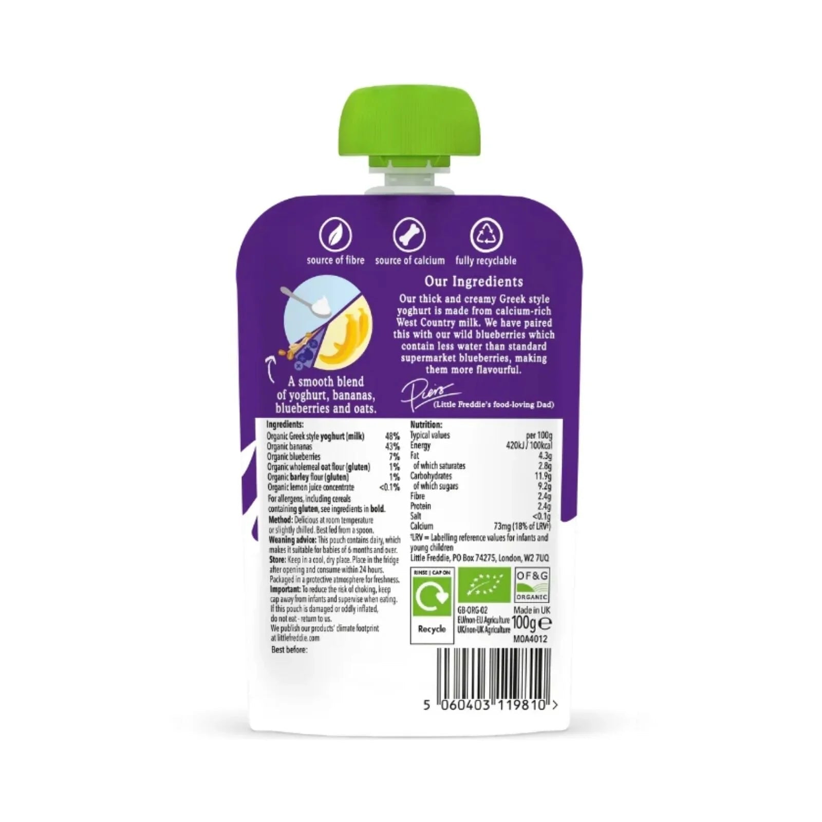 Little Freddie Organic Blueberry & Banana Yoghurt Baby Food Pouch Multipack 6+ months 600g (6x100g) - mezetto ebebek ebebek