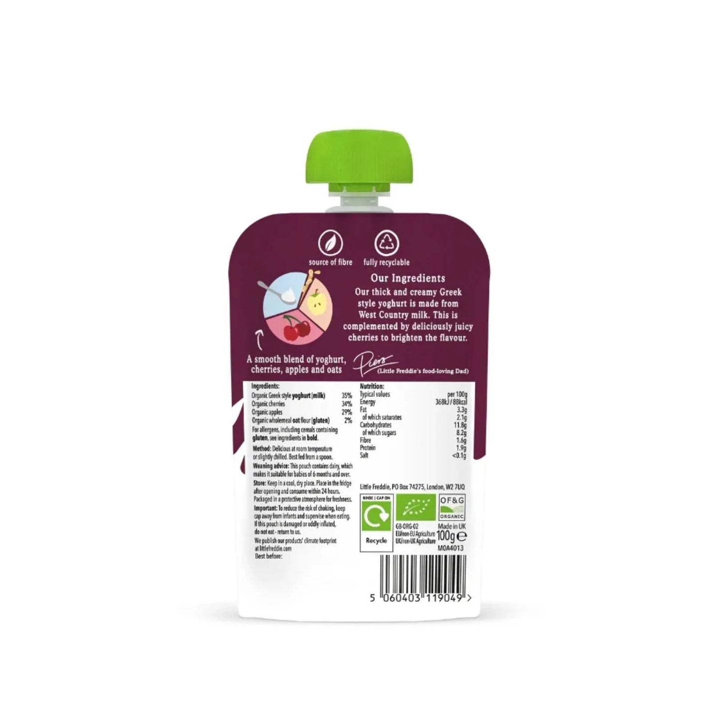Little Freddie Organic Cherry Greek Style Yoghurt Baby Food Pouch 6+ months 100g - mezetto ebebek ebebek