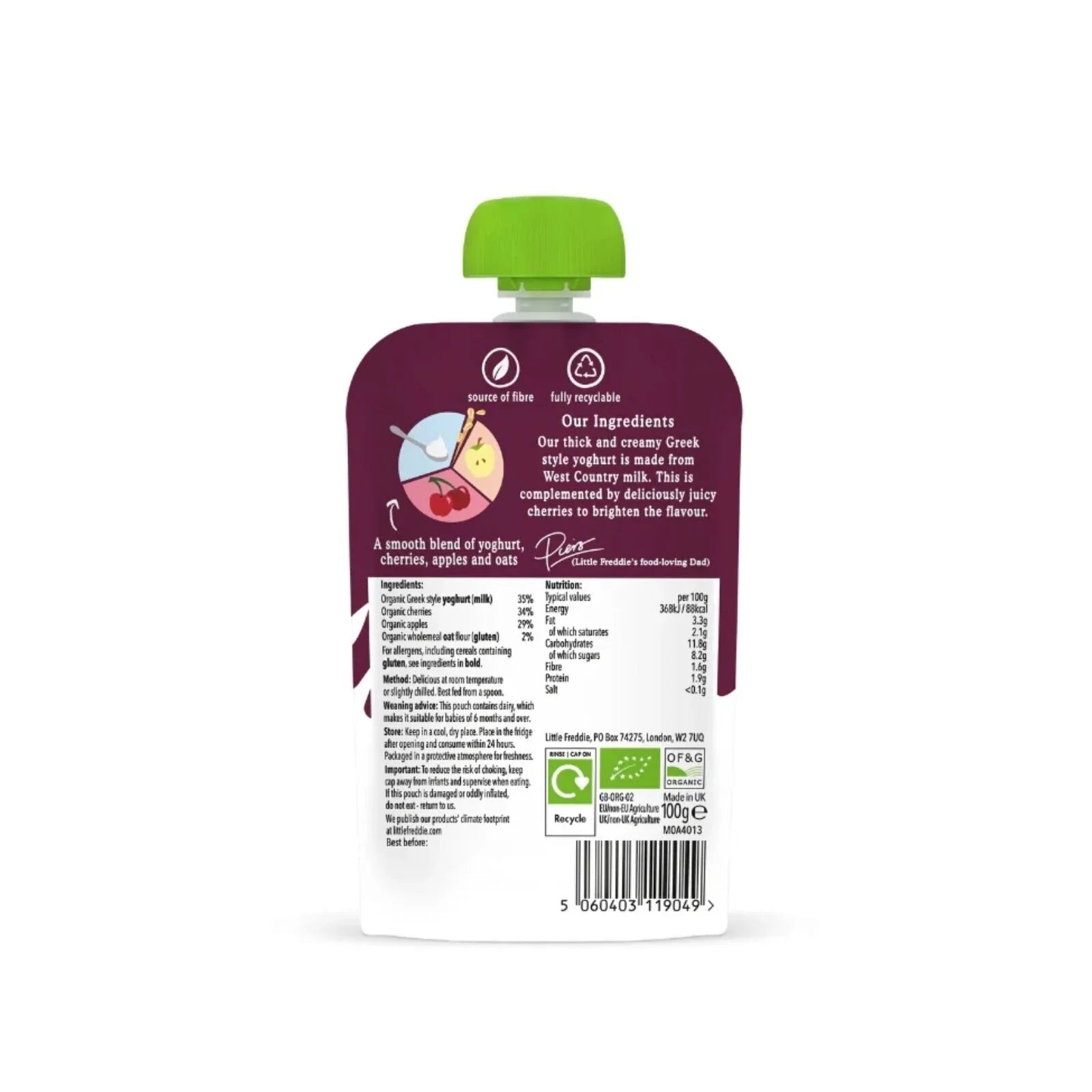 Little Freddie Organic Cherry Greek Style Yoghurt Baby Food Pouch 6+ months 100g - mezetto ebebek ebebek